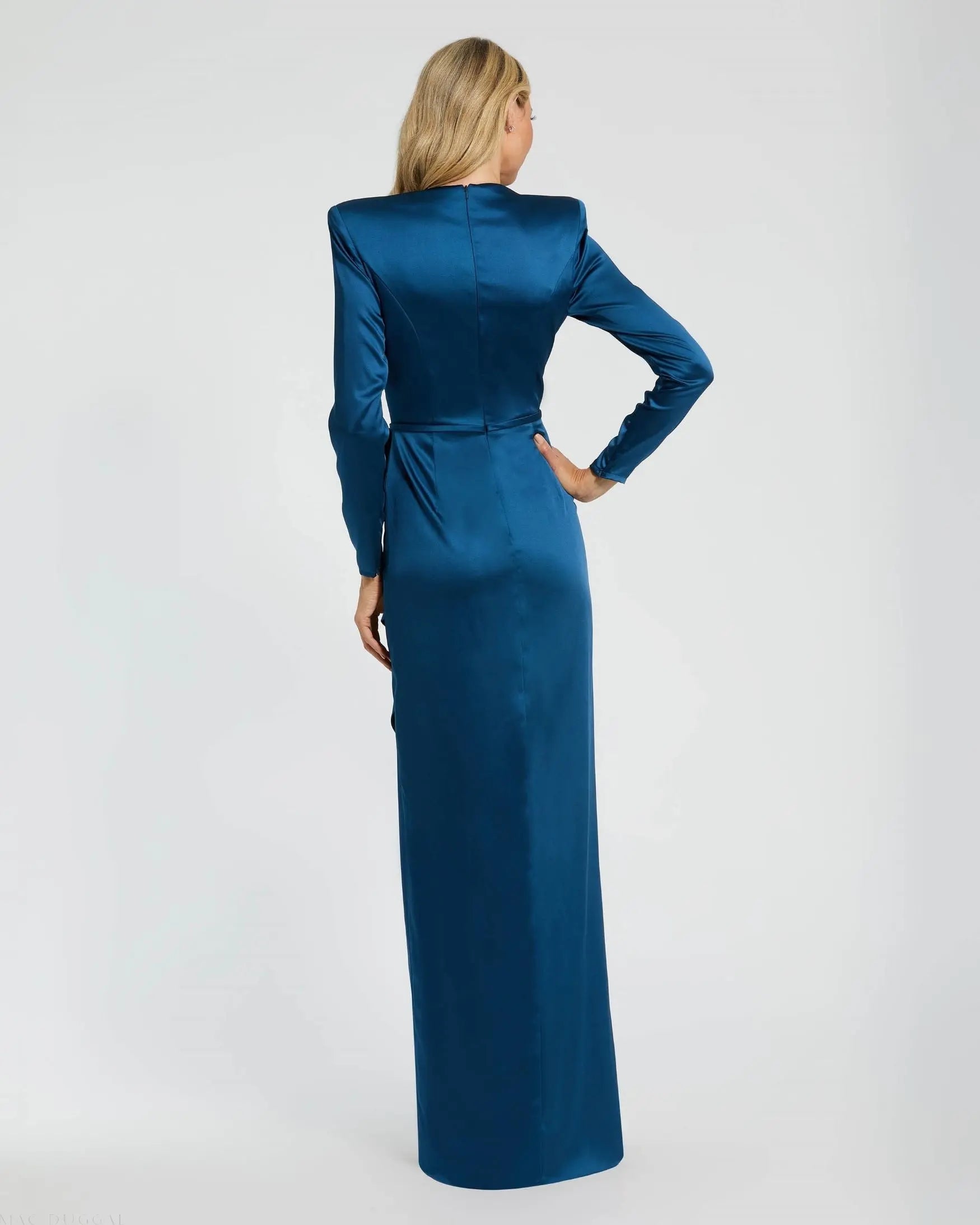 Blue Long Sleeve Satin Structured Bow Draped Column Gown-Myartka