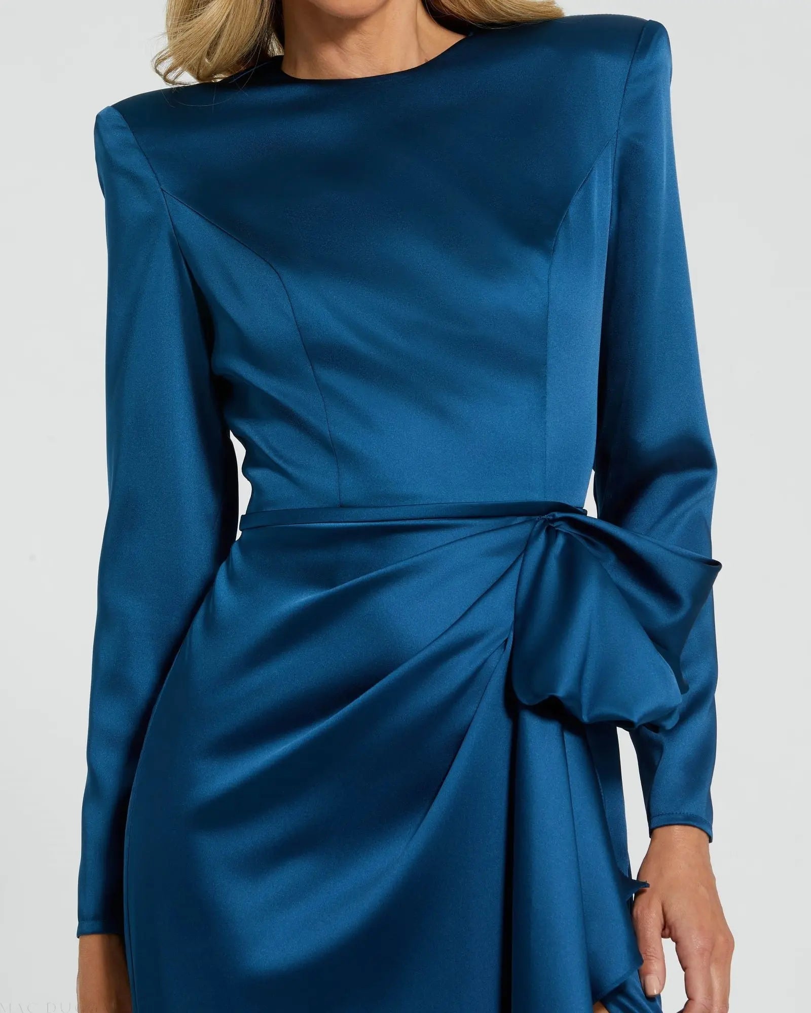 Blue Long Sleeve Satin Structured Bow Draped Column Gown-Myartka