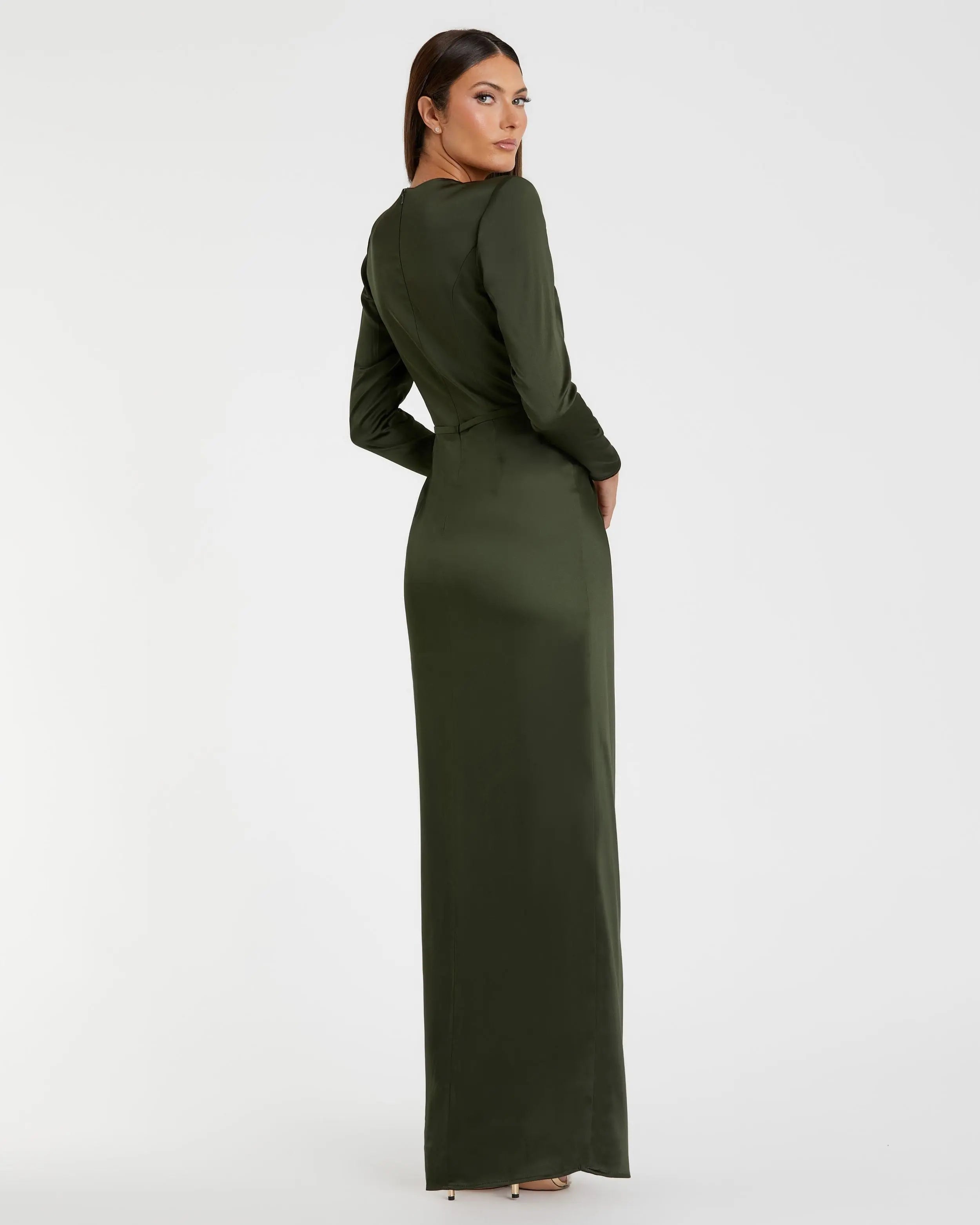 Dark Green Long Sleeve Satin Structured Bow Draped Column Gown-Myartka