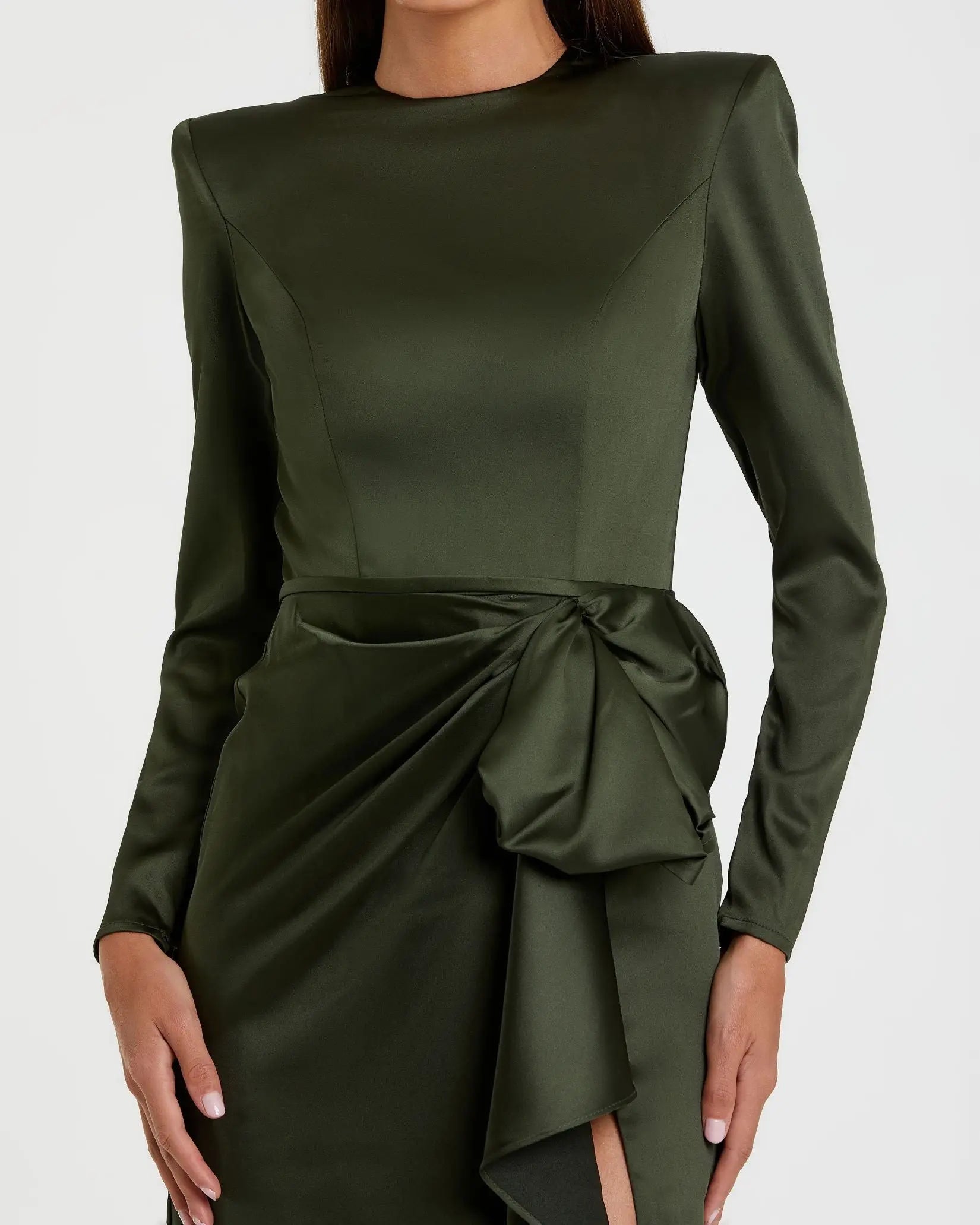 Dark Green Long Sleeve Satin Structured Bow Draped Column Gown-Myartka