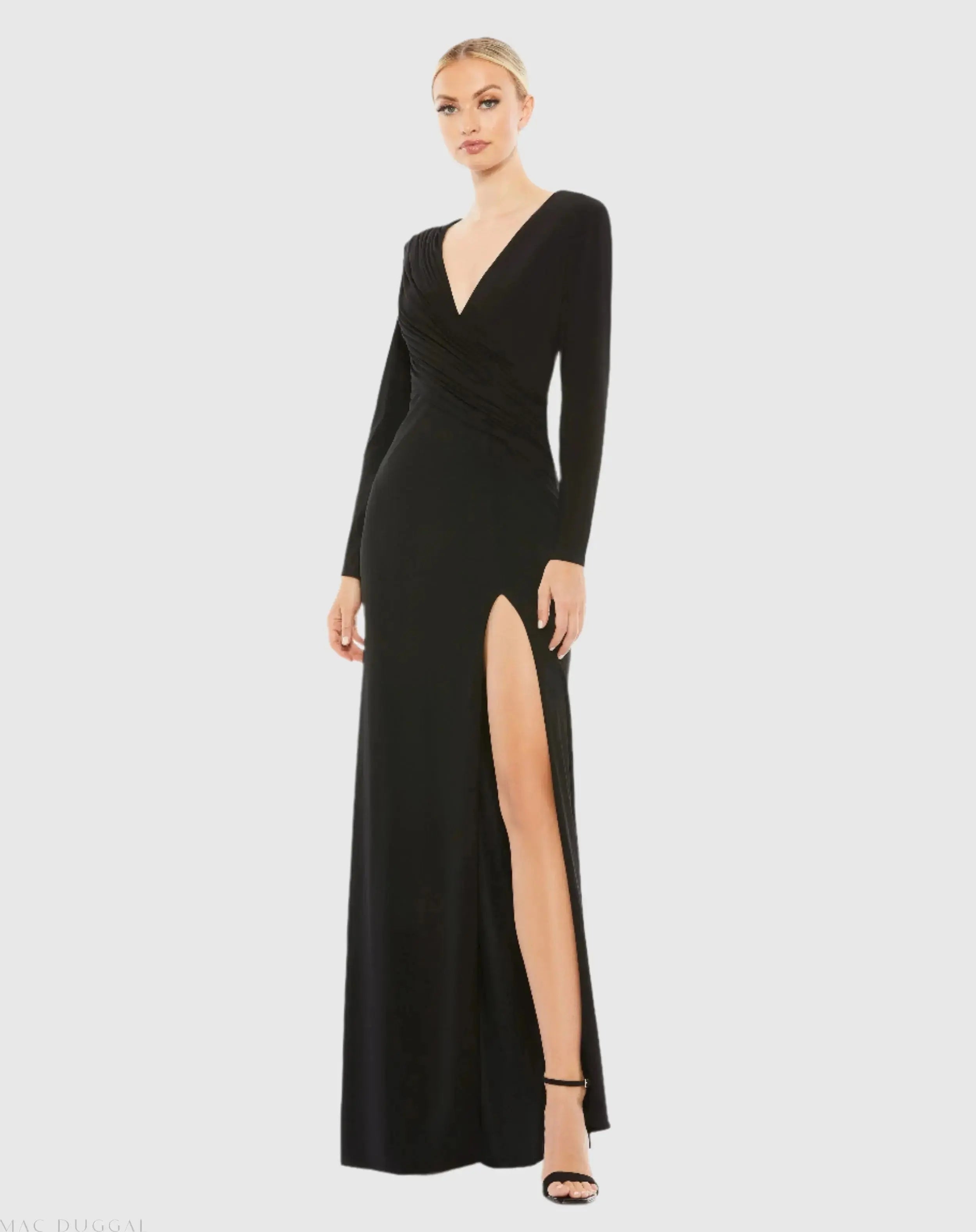 Black Jersey Long Sleeve Asymmetrical Ruched Gown-Myartka