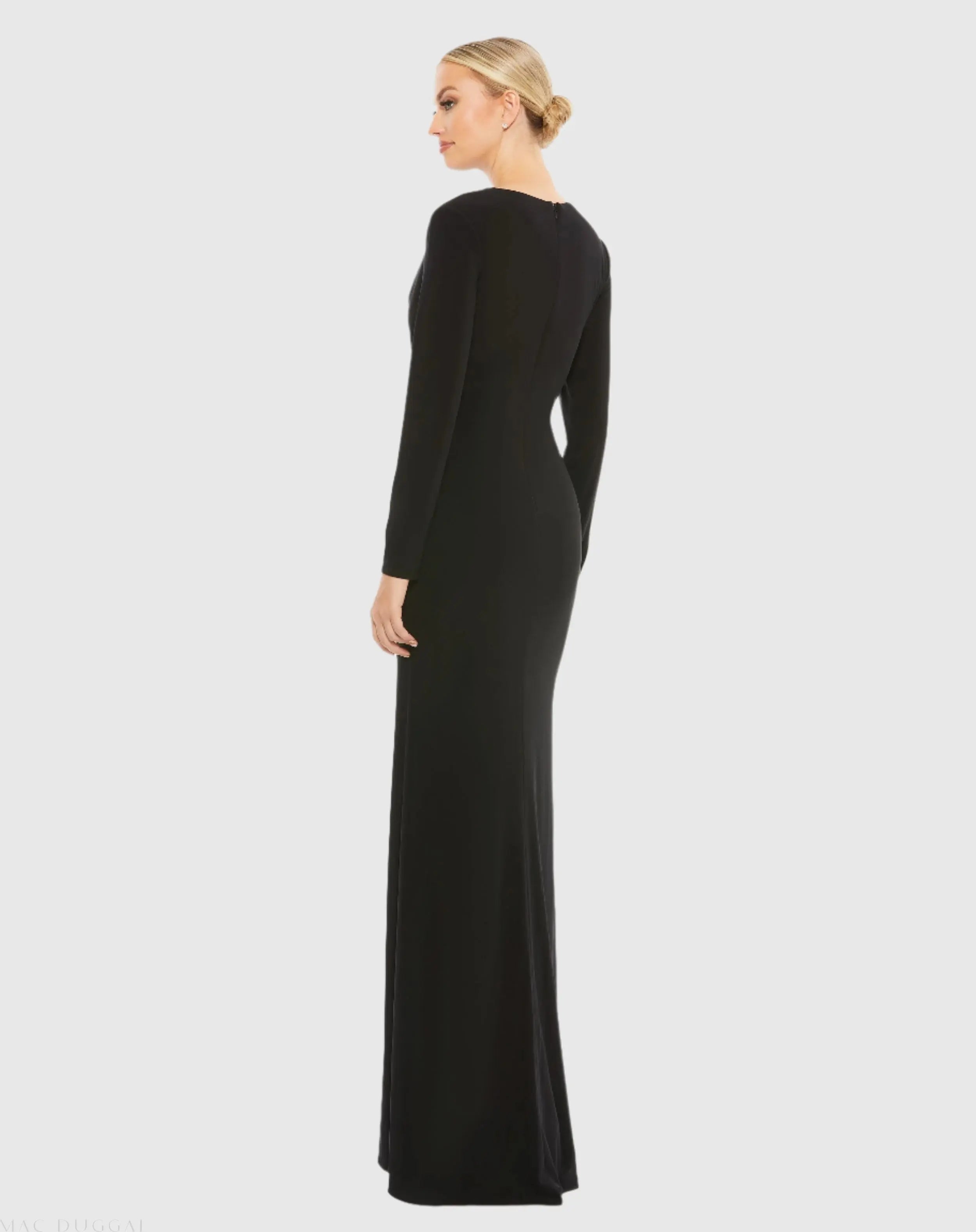 Black Jersey Long Sleeve Asymmetrical Ruched Gown-Myartka