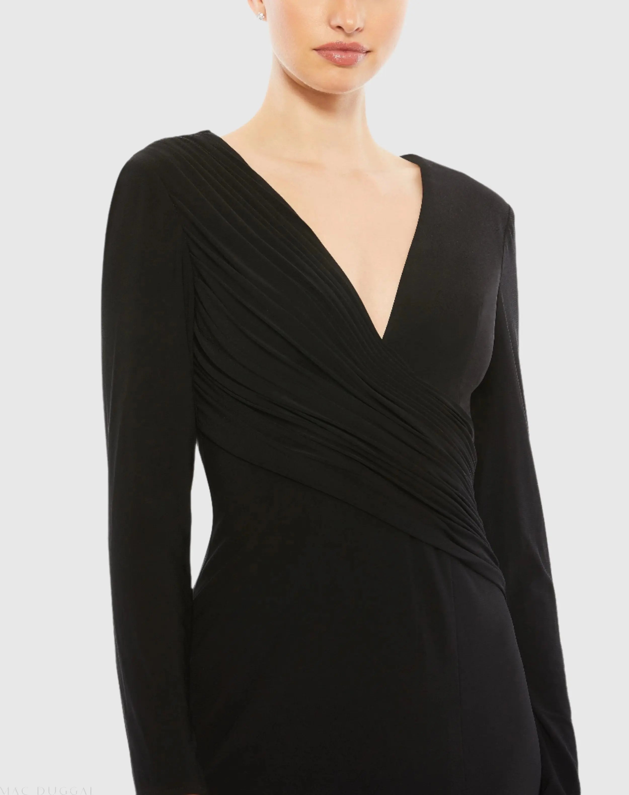 Black Jersey Long Sleeve Asymmetrical Ruched Gown-Myartka