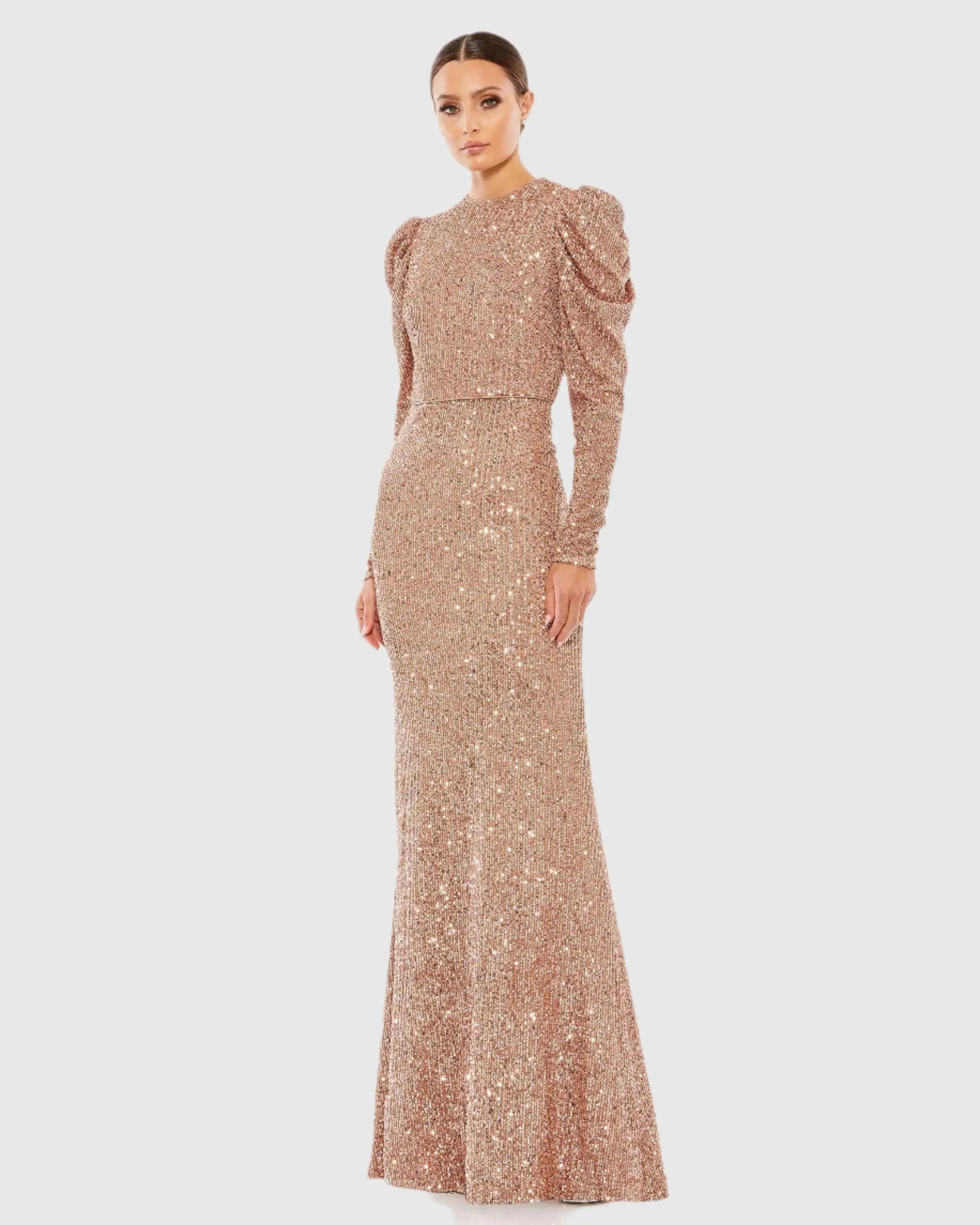 Sequined High Neck Puff Long Sleeve Column Gown-Myartka