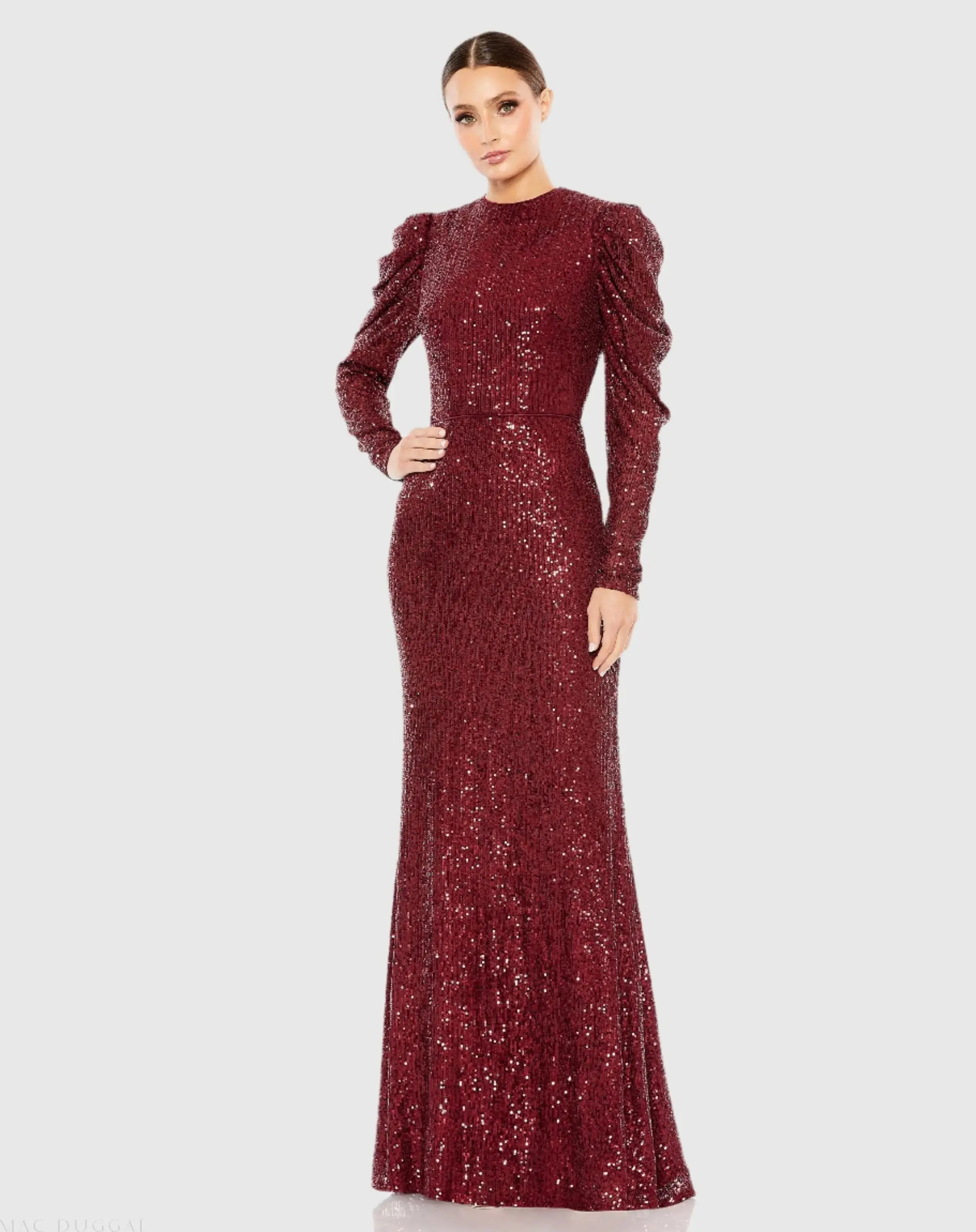 Sequined High Neck Puff Long Sleeve Column Gown-Myartka