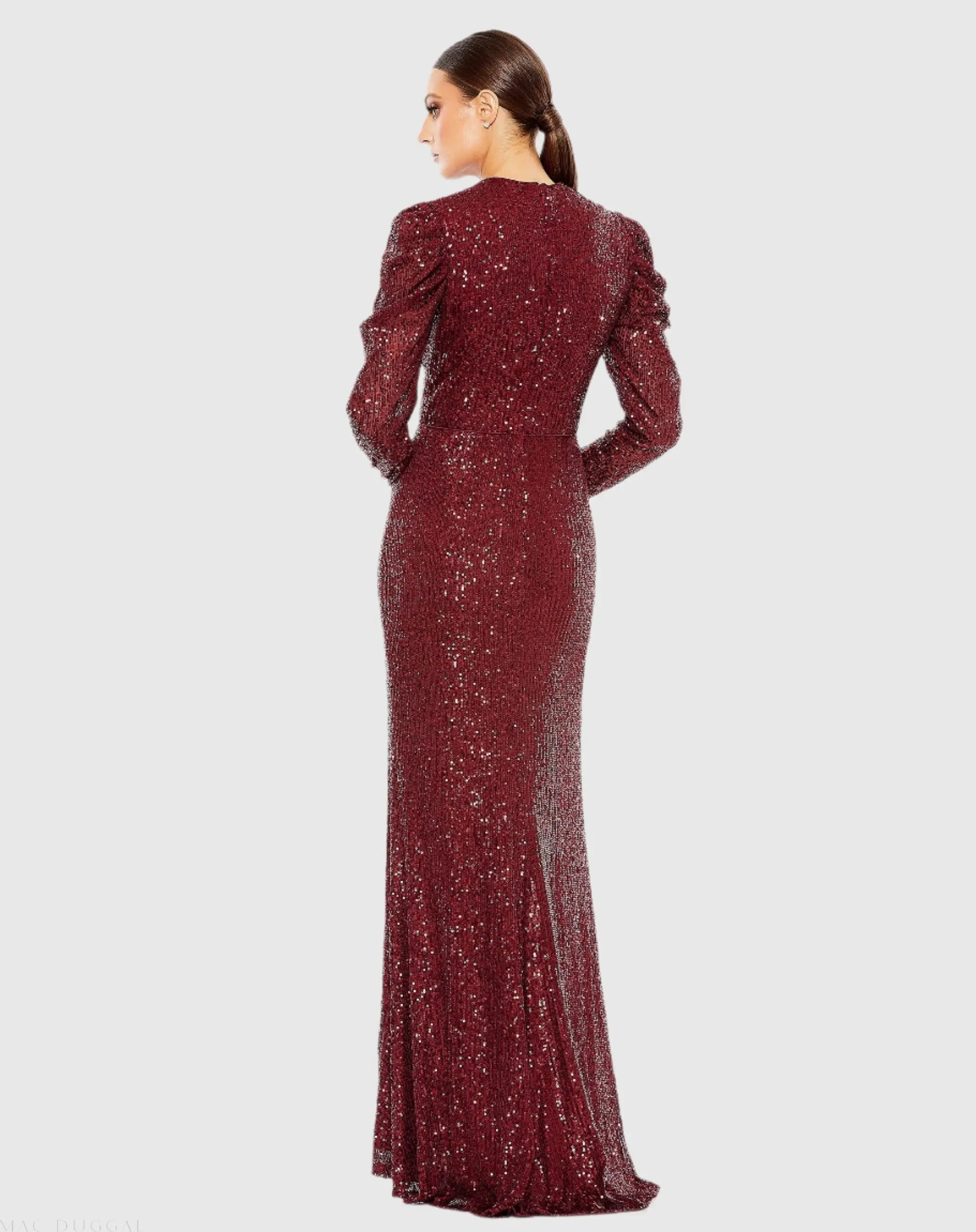 Red Sequined High Neck Puff Long Sleeve Column Gown-Myartka