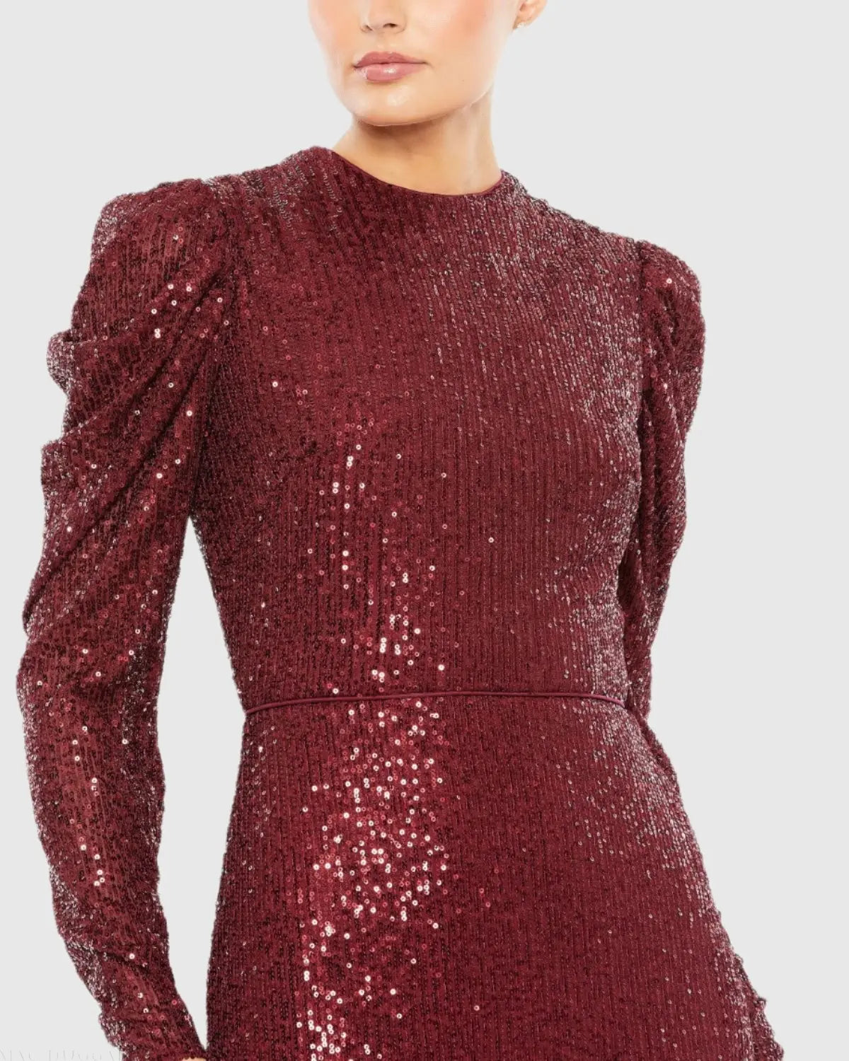 Red Sequined High Neck Puff Long Sleeve Column Gown-Myartka