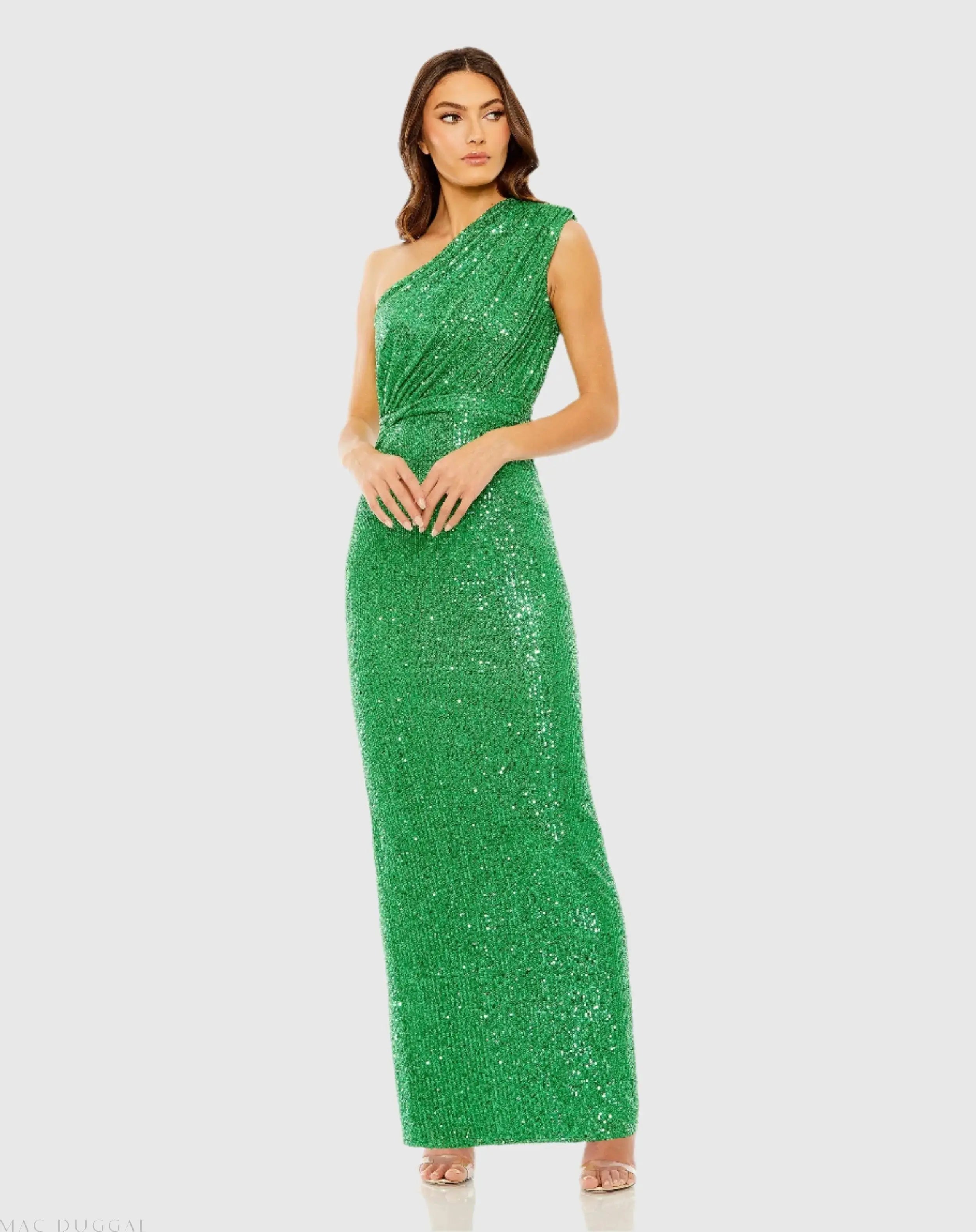 Green Sequined Ruched One Shoulder Gown-Myartka