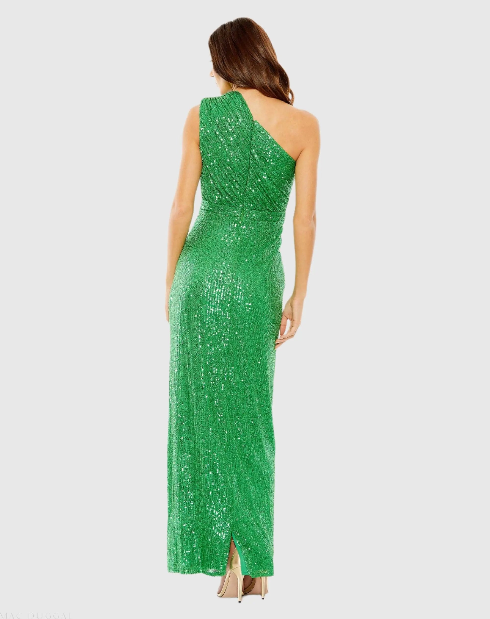 Green Sequined Ruched One Shoulder Gown-Myartka