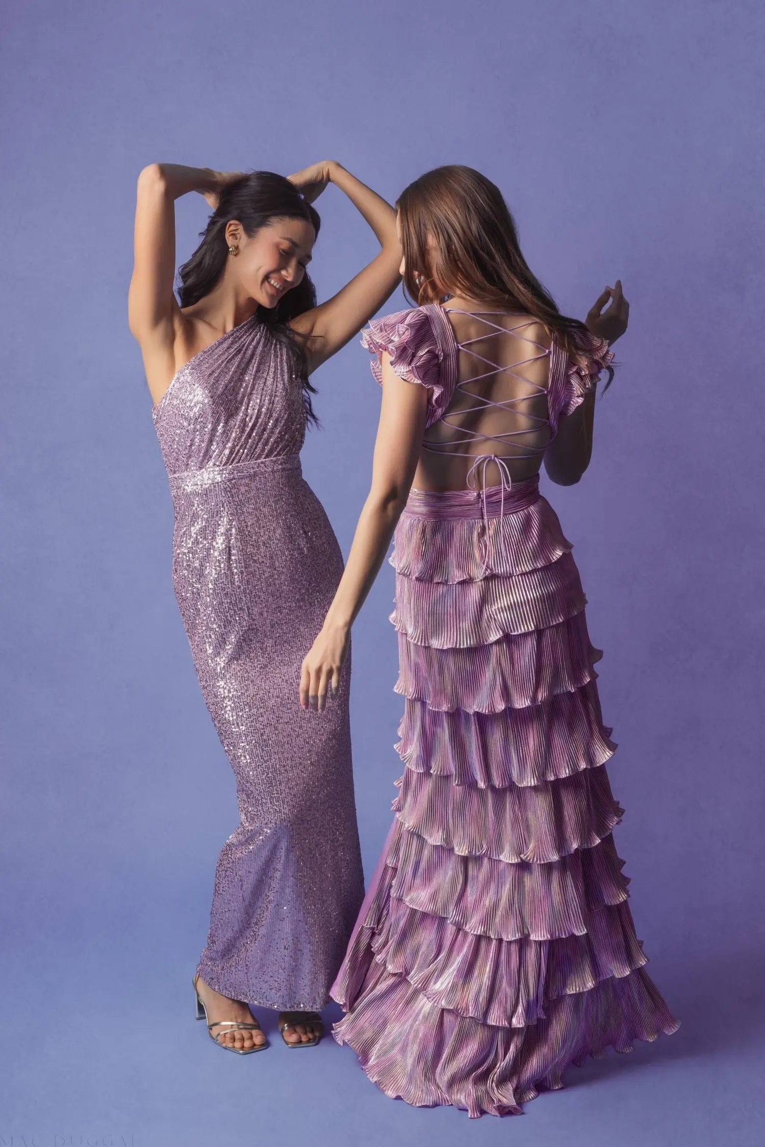 Purple Ruffle Tiered Criss Cross Lace Up Gown-Myartka