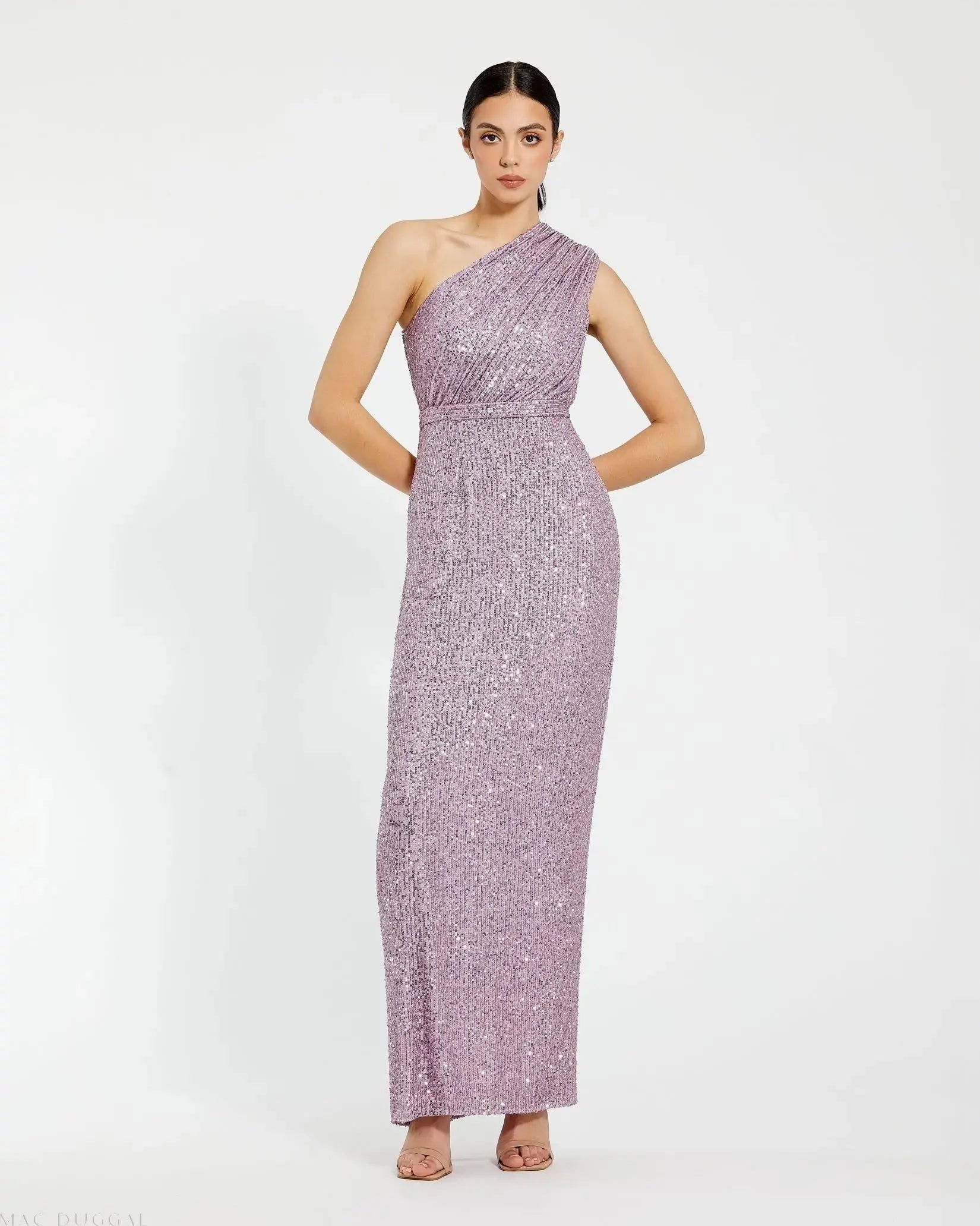 Purple Sequined Ruched One Shoulder Gown-Myartka