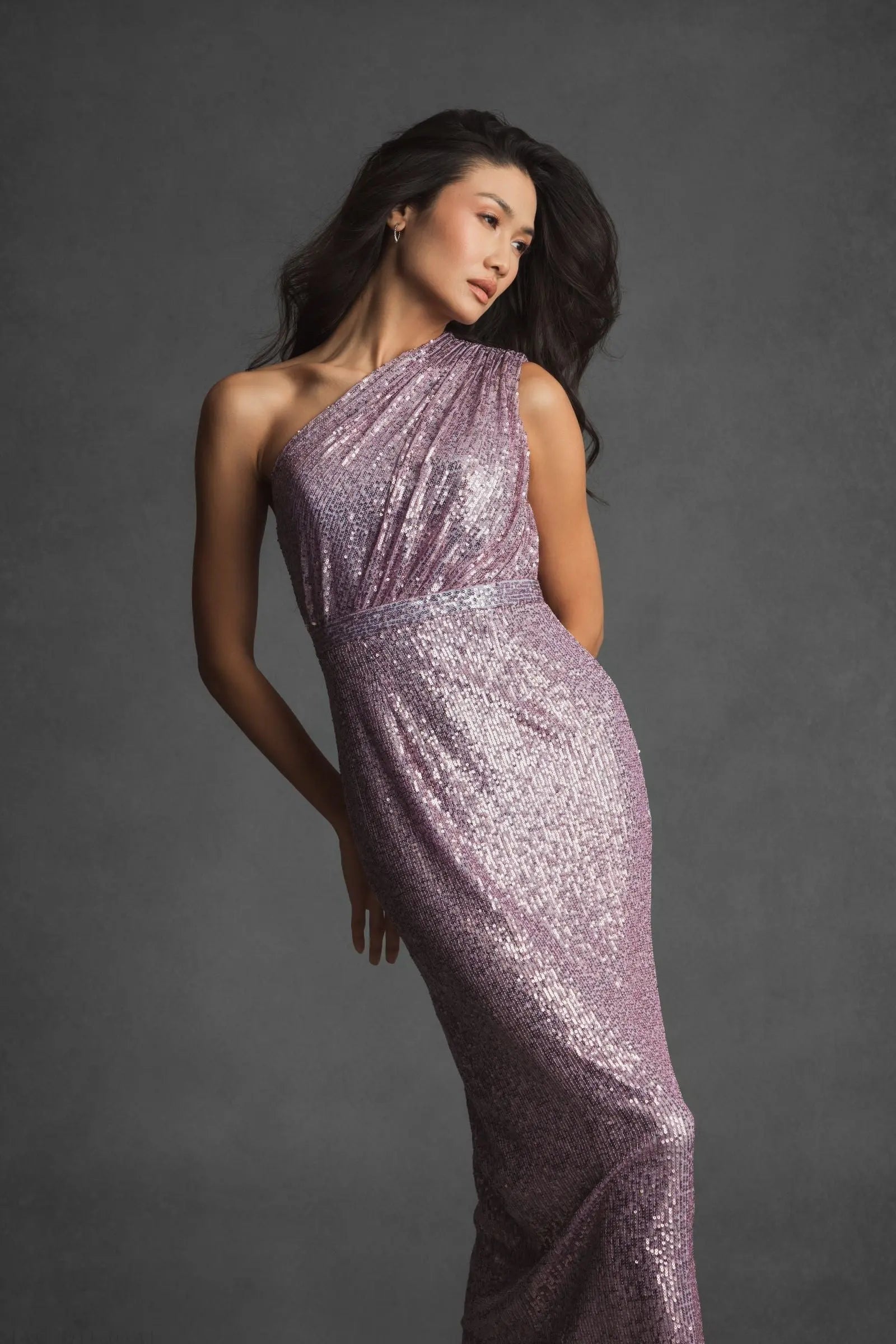 Purple Sequined Ruched One Shoulder Gown-Myartka
