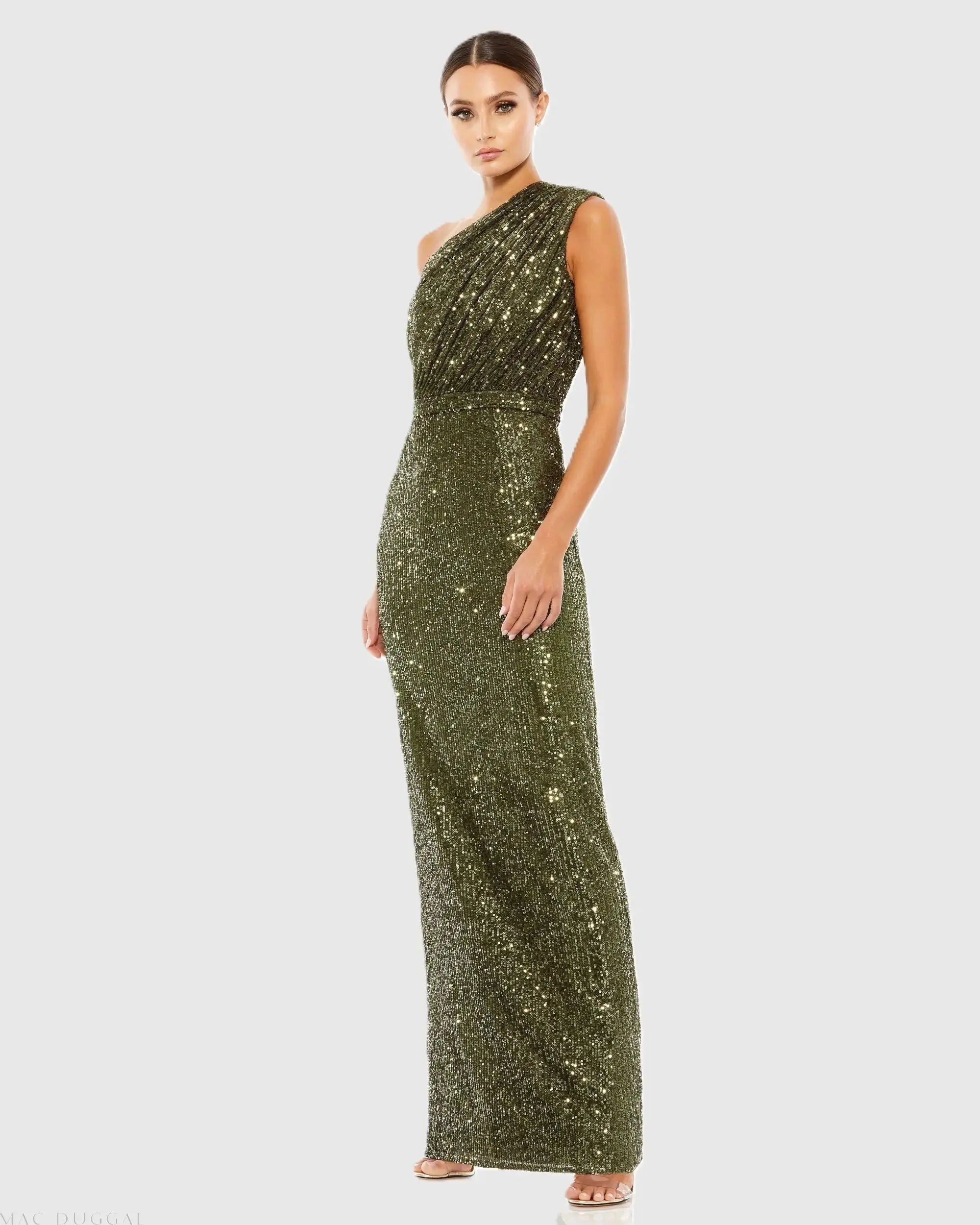 Dark Green Sequined Ruched One Shoulder Gown-Myartka