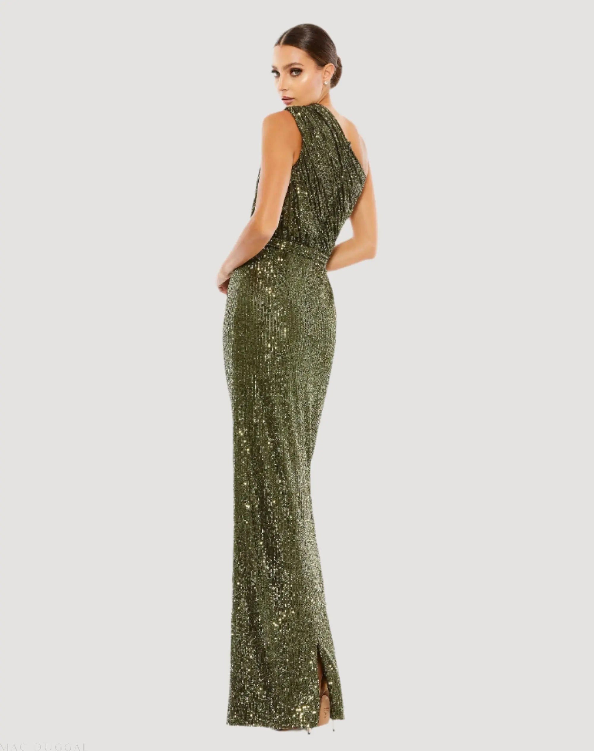 Dark Green Sequined Ruched One Shoulder Gown-Myartka