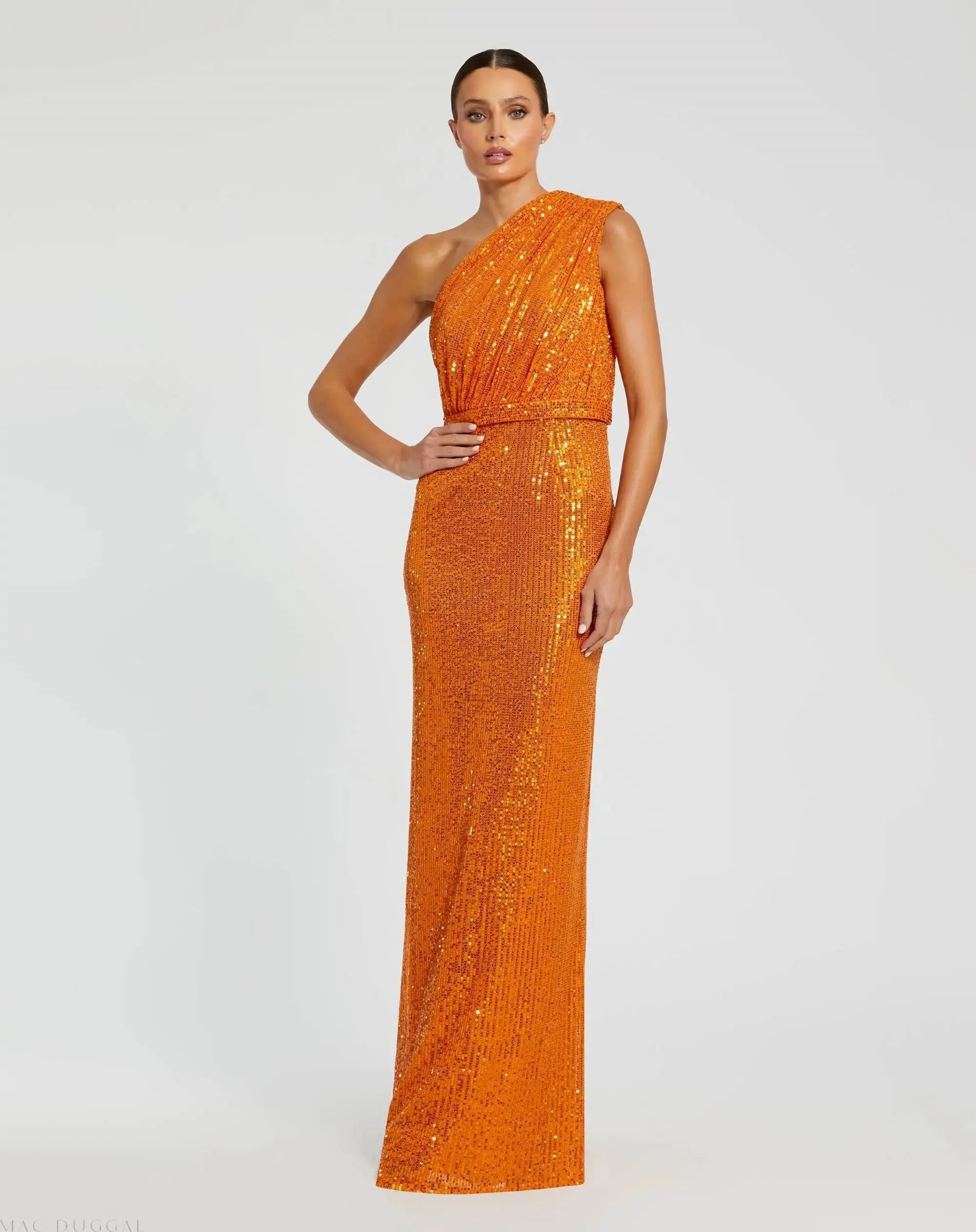 Sequined Ruched One Shoulder Gown-Myartka
