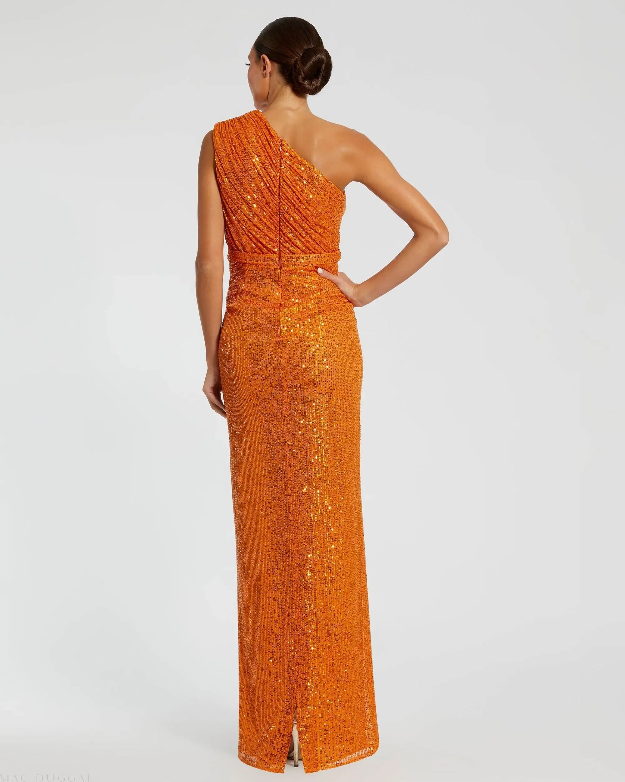 Orange Sequined Ruched One Shoulder Gown-Myartka