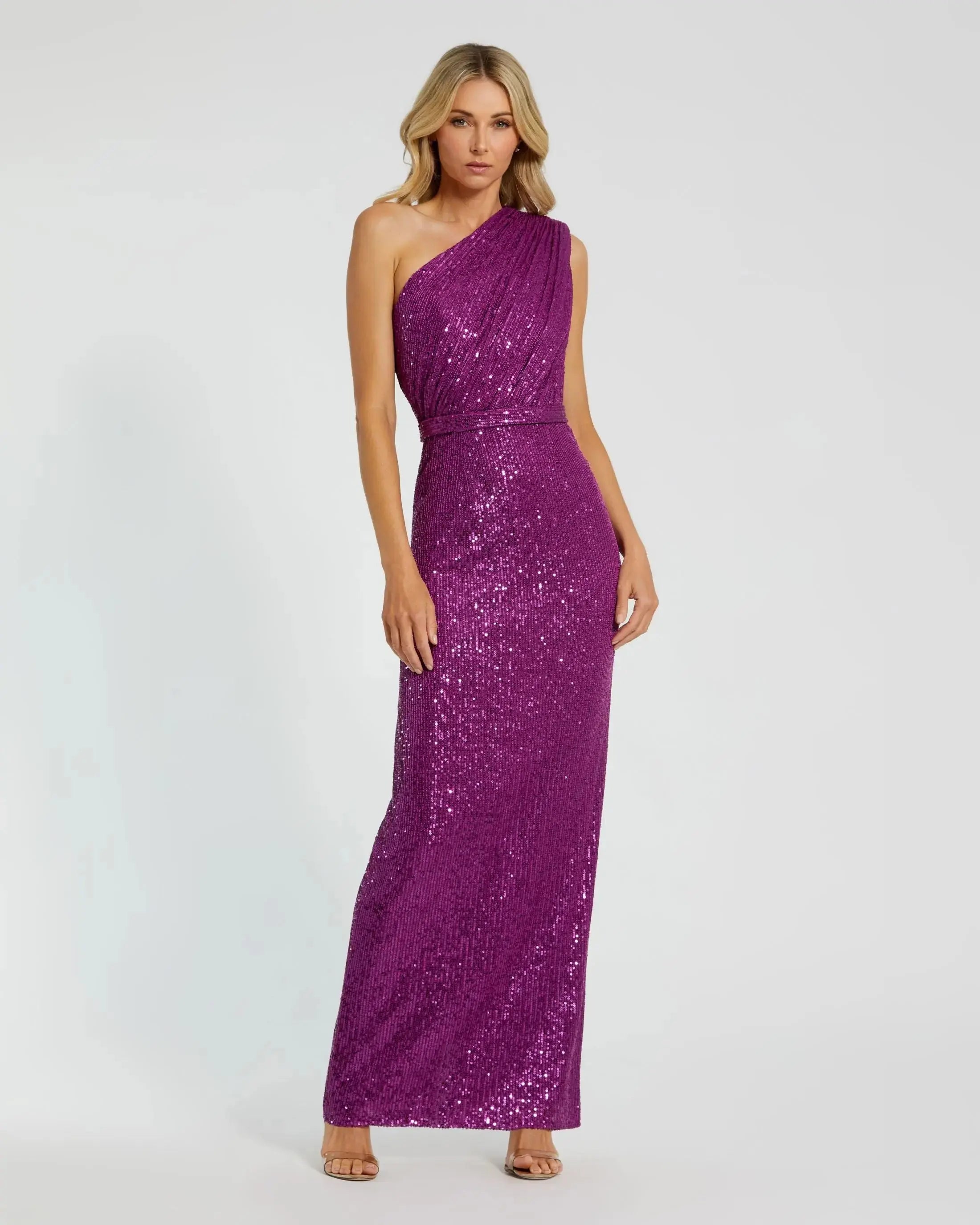 Dark Purple Sequined Ruched One Shoulder Gown-Myartka