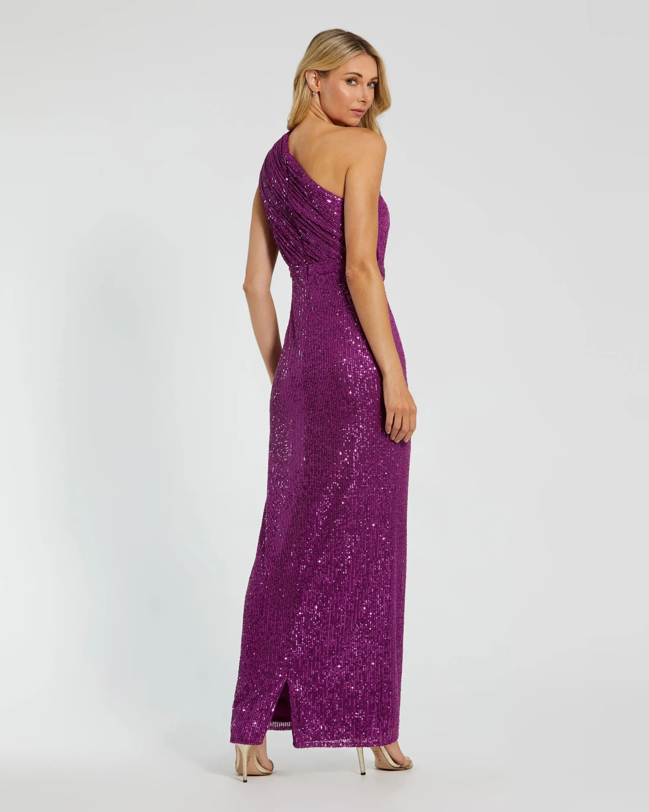 Dark Purple Sequined Ruched One Shoulder Gown-Myartka