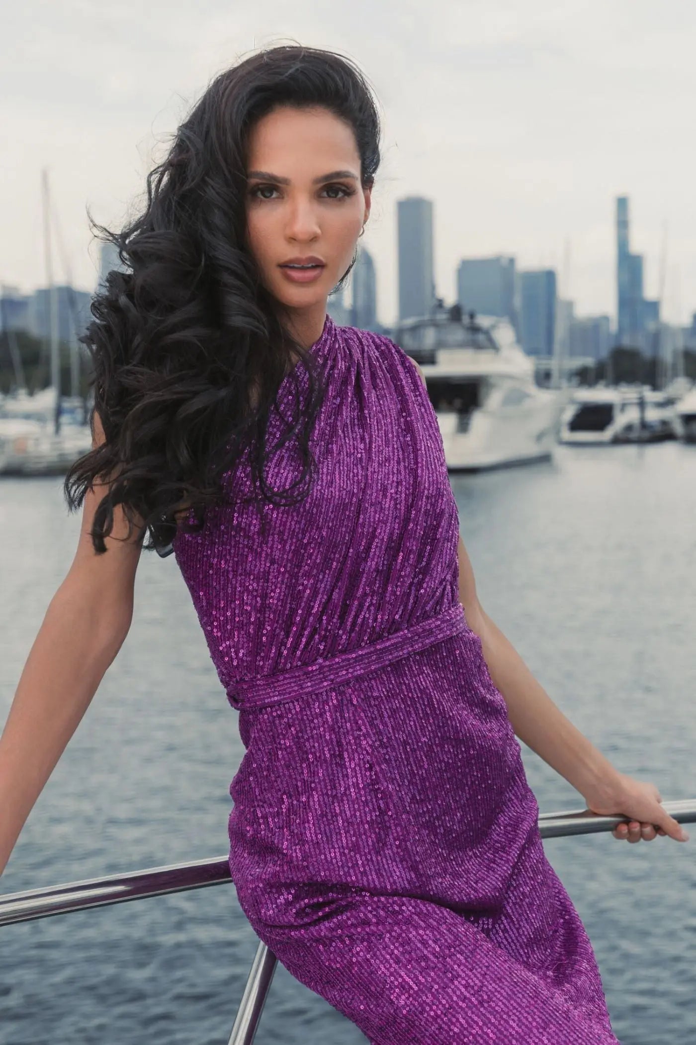 Dark Purple Sequined Ruched One Shoulder Gown-Myartka