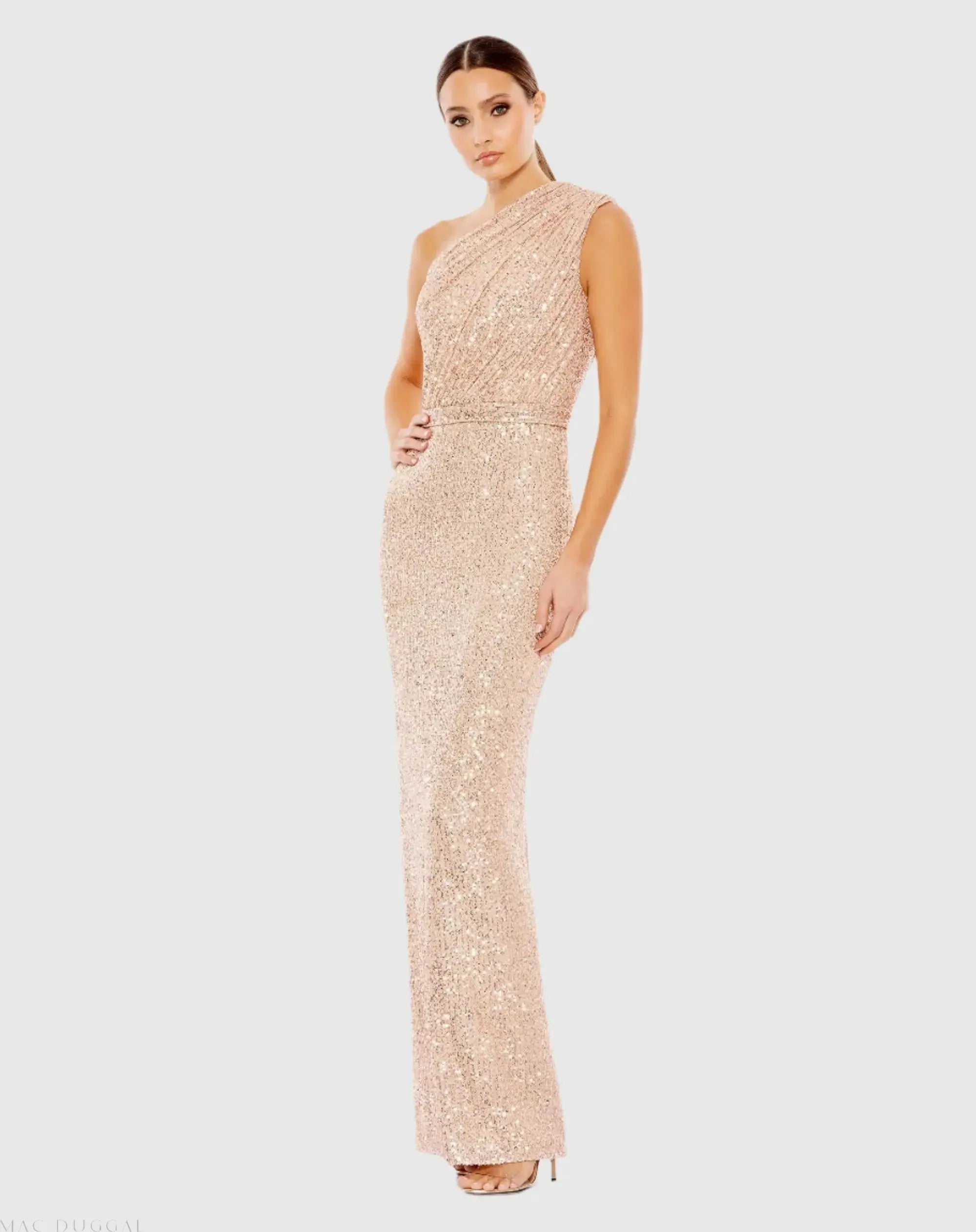 Pink Sequined Ruched One Shoulder Gown-Myartka