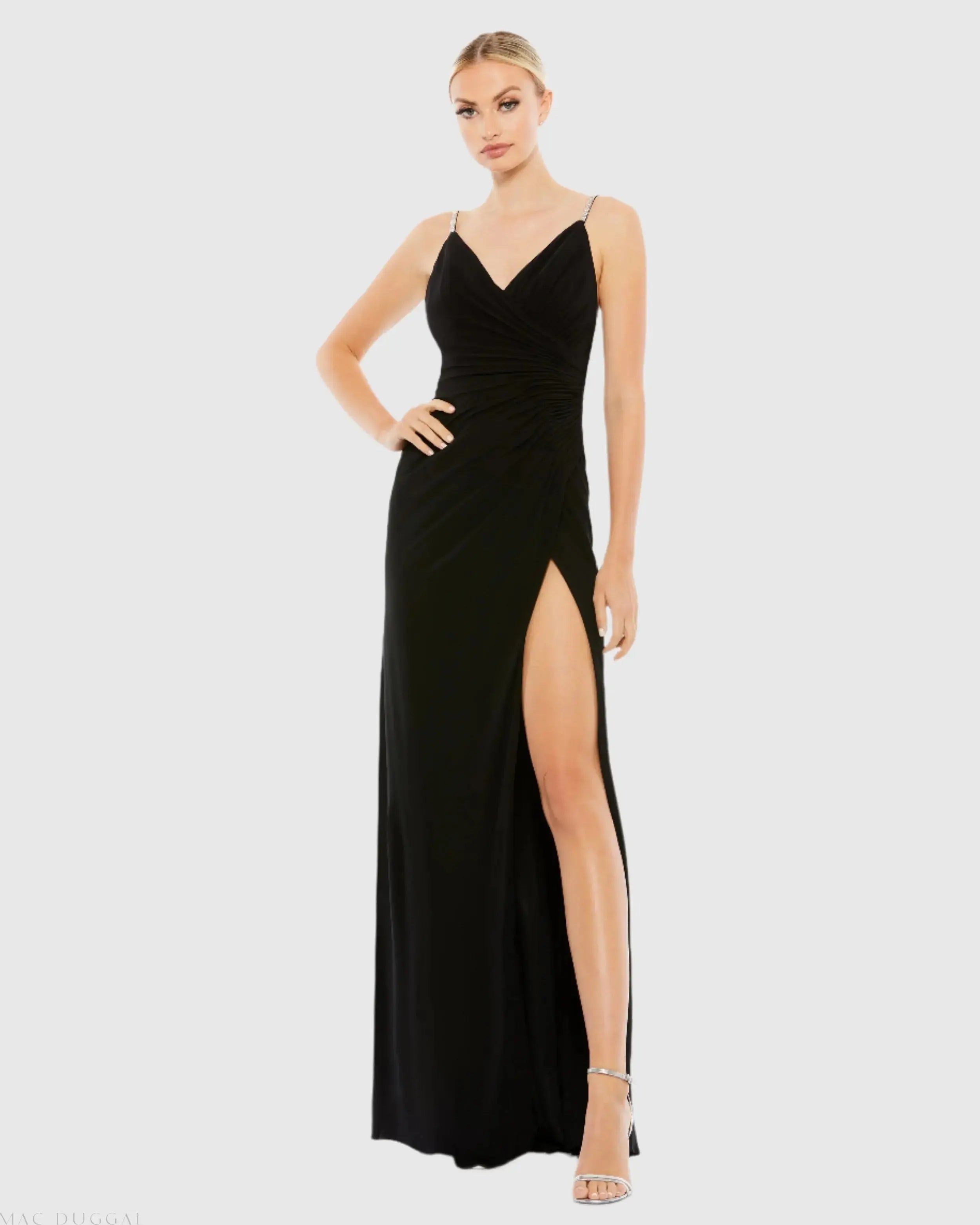 Black Faux Wrap V Neck Open Back Gown-Myartka
