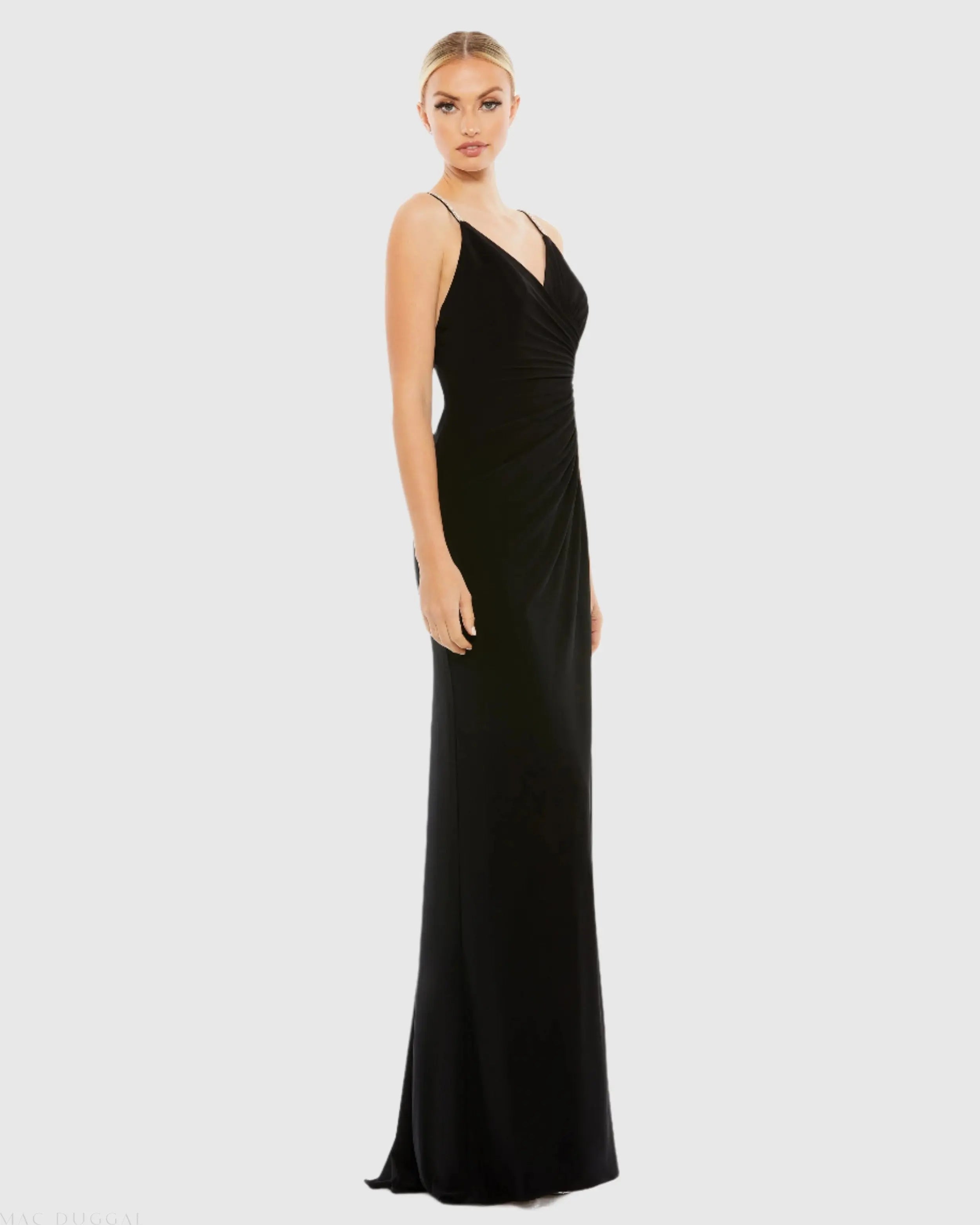Black Faux Wrap V Neck Open Back Gown-Myartka