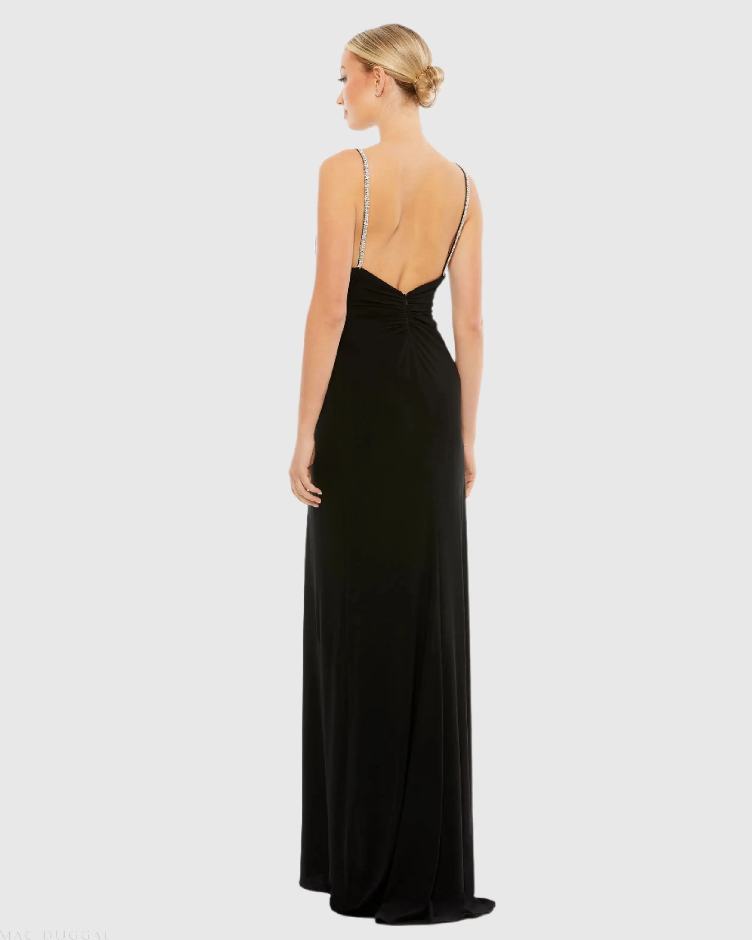 Black Faux Wrap V Neck Open Back Gown-Myartka