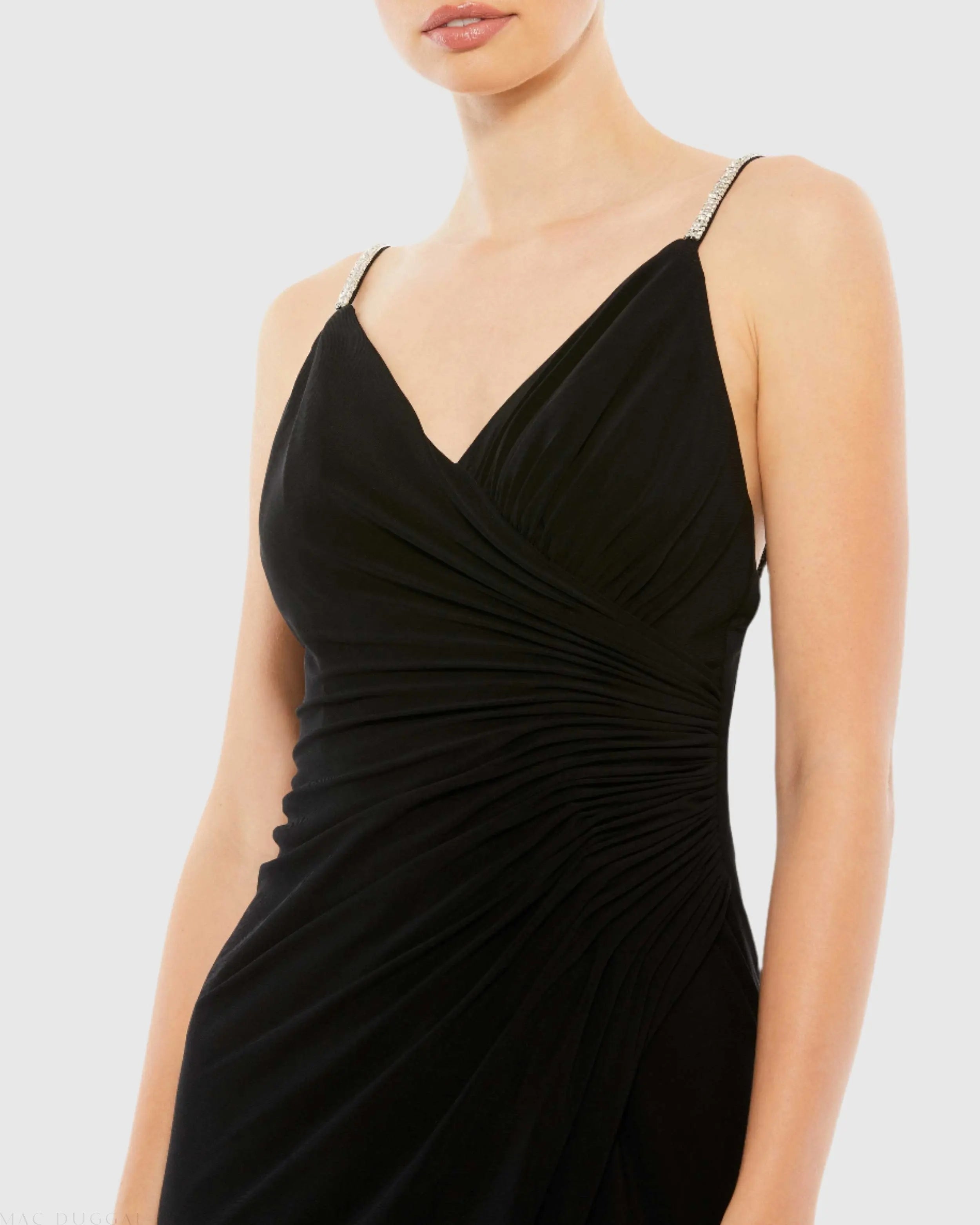 Black Faux Wrap V Neck Open Back Gown-Myartka