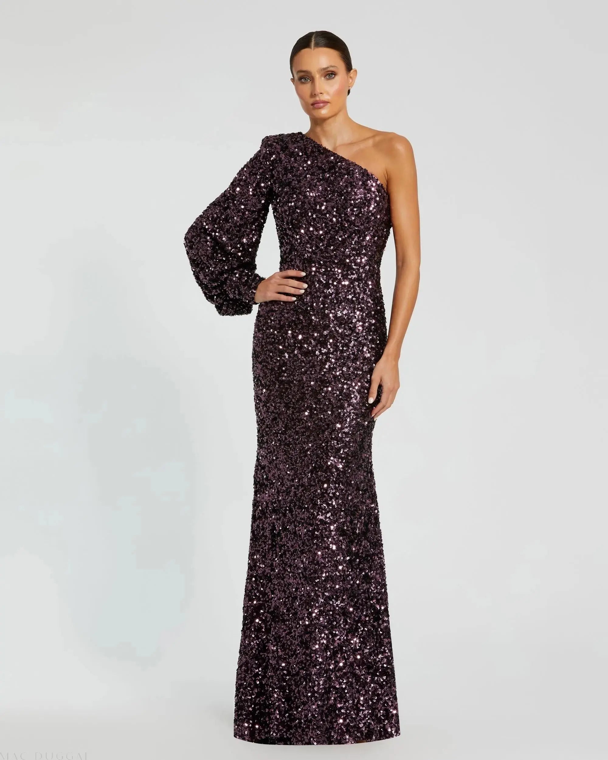 Sequined One Shoulder Bishop Sleeve Trumpet Gown-Myartka
