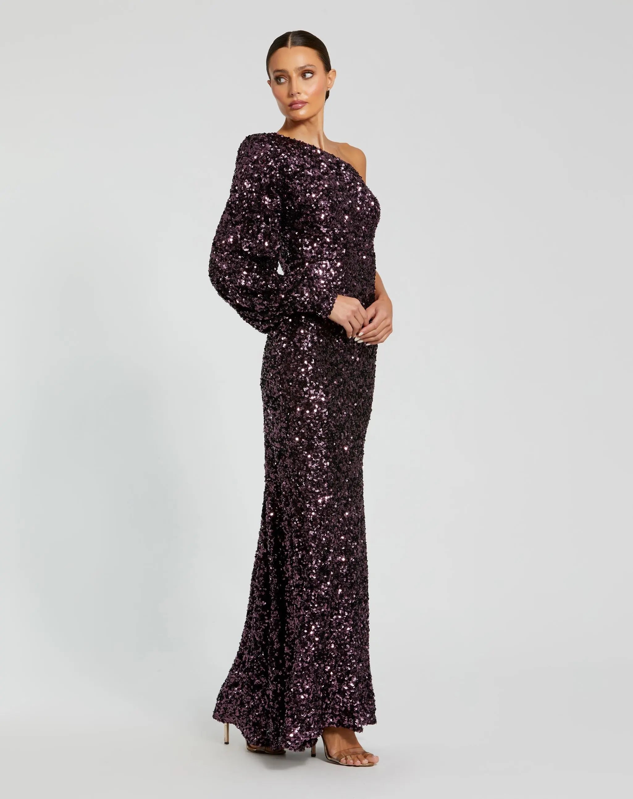 Purple Sequined One Shoulder Bishop Sleeve Trumpet Gown-Myartka