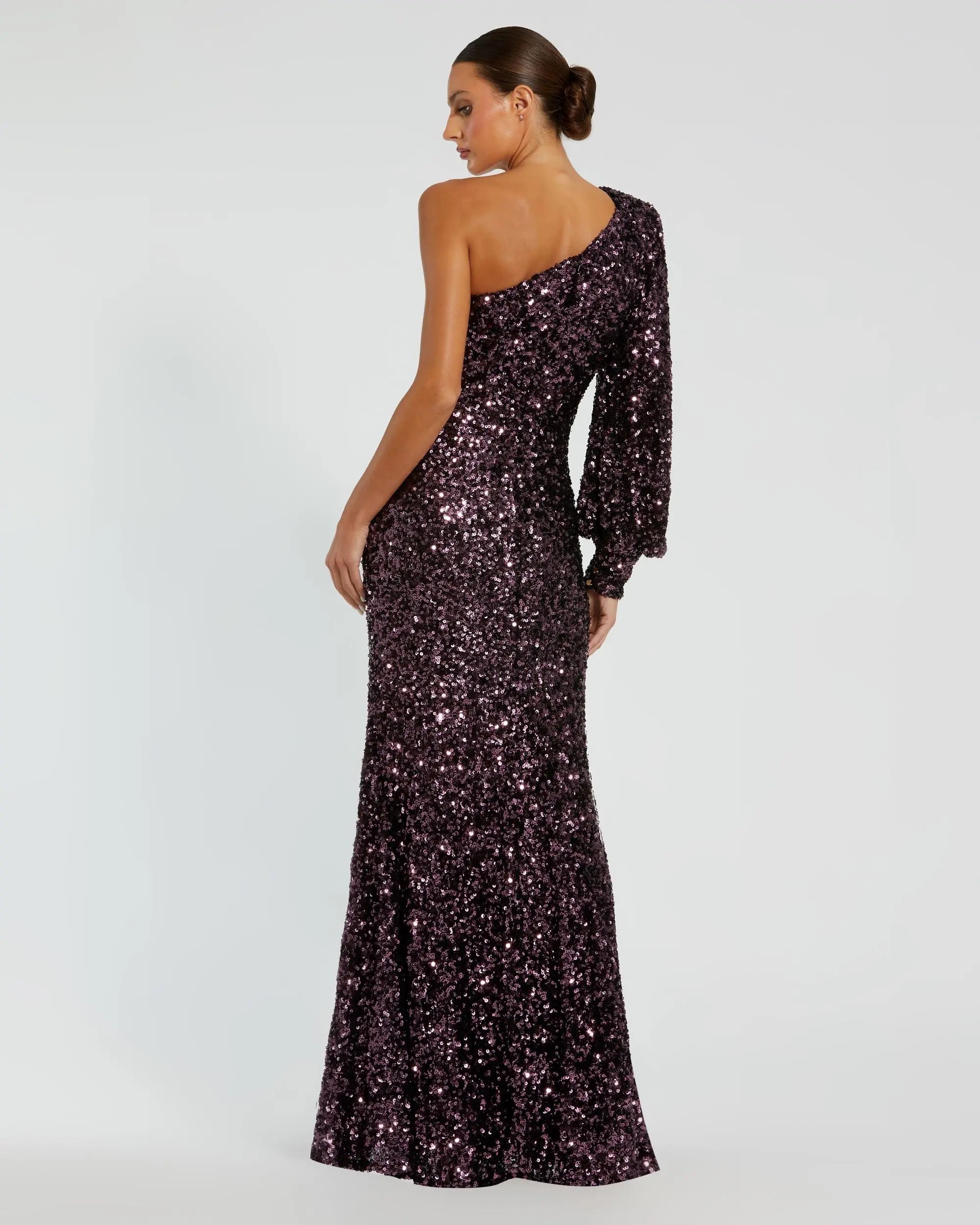 Purple Sequined One Shoulder Bishop Sleeve Trumpet Gown-Myartka