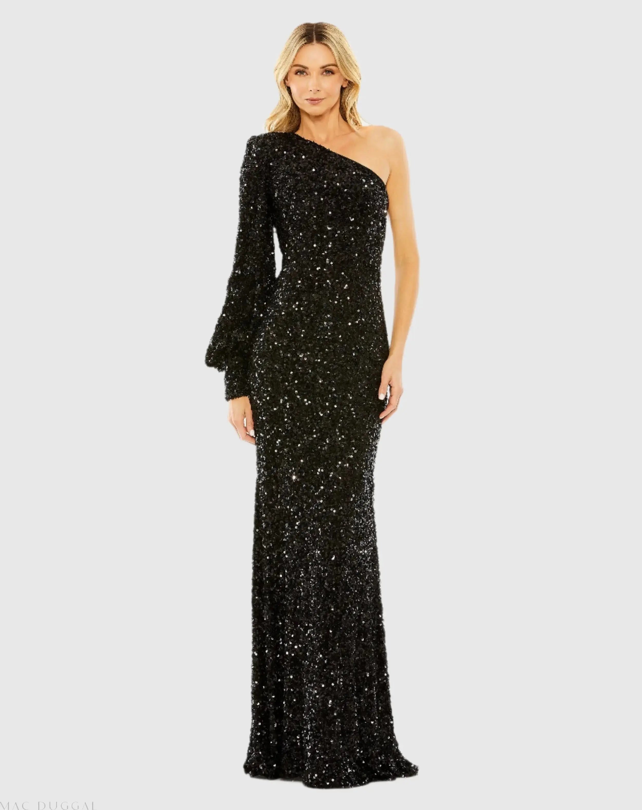 Black Sequined One Shoulder Bishop Sleeve Trumpet Gown-Myartka