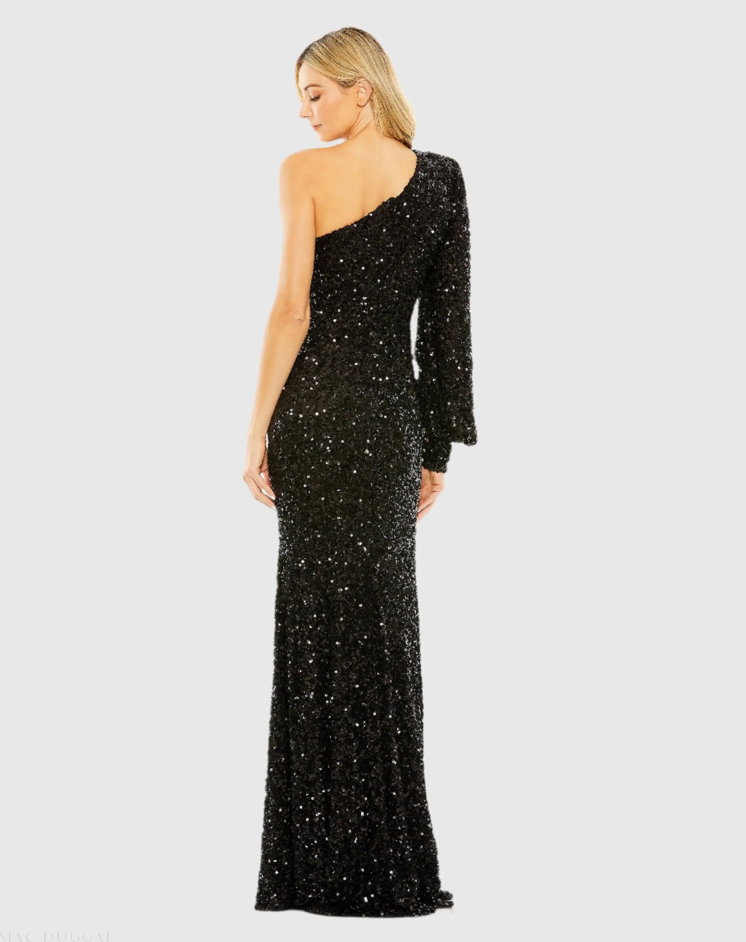 Black Sequined One Shoulder Bishop Sleeve Trumpet Gown-Myartka