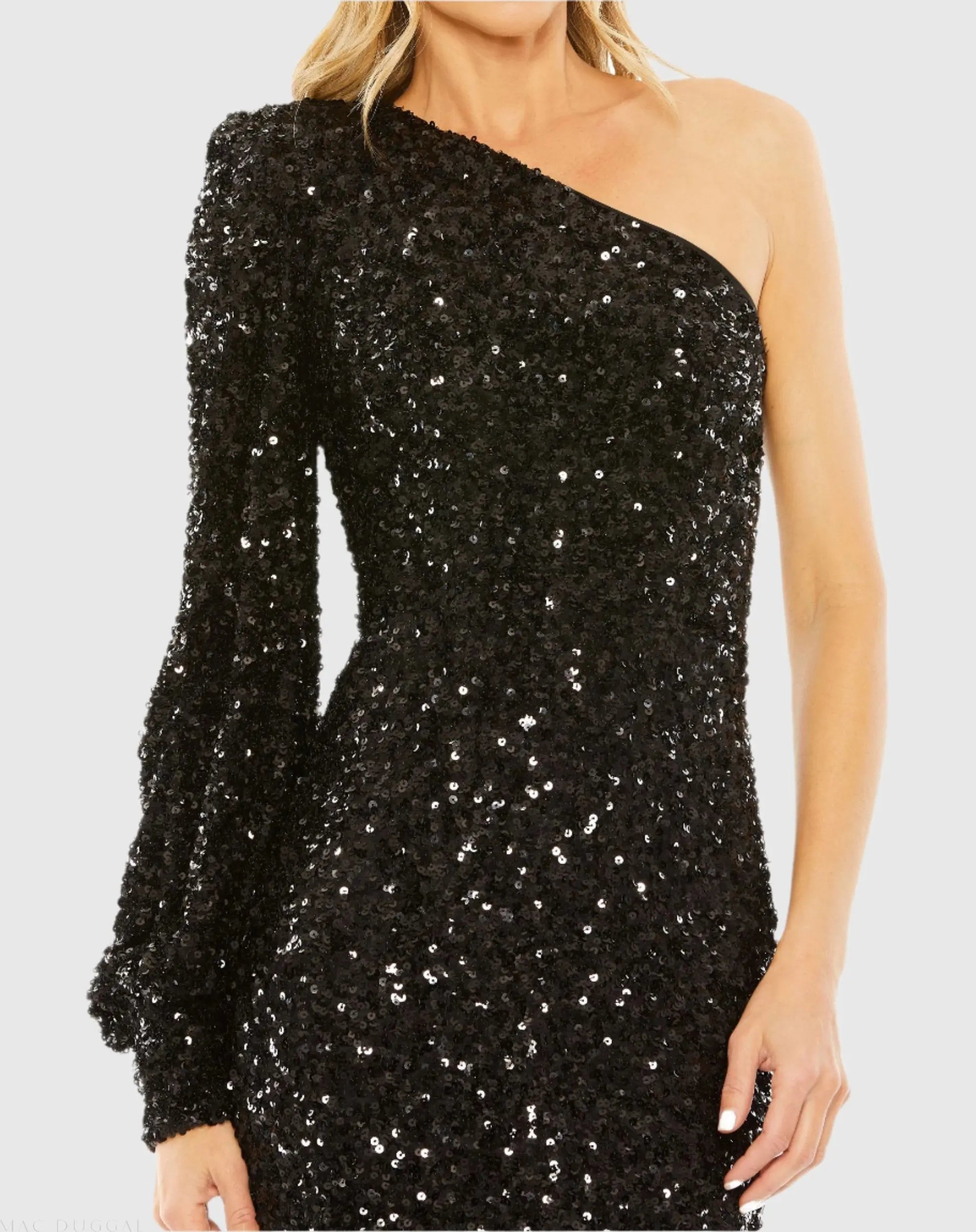Black Sequined One Shoulder Bishop Sleeve Trumpet Gown-Myartka