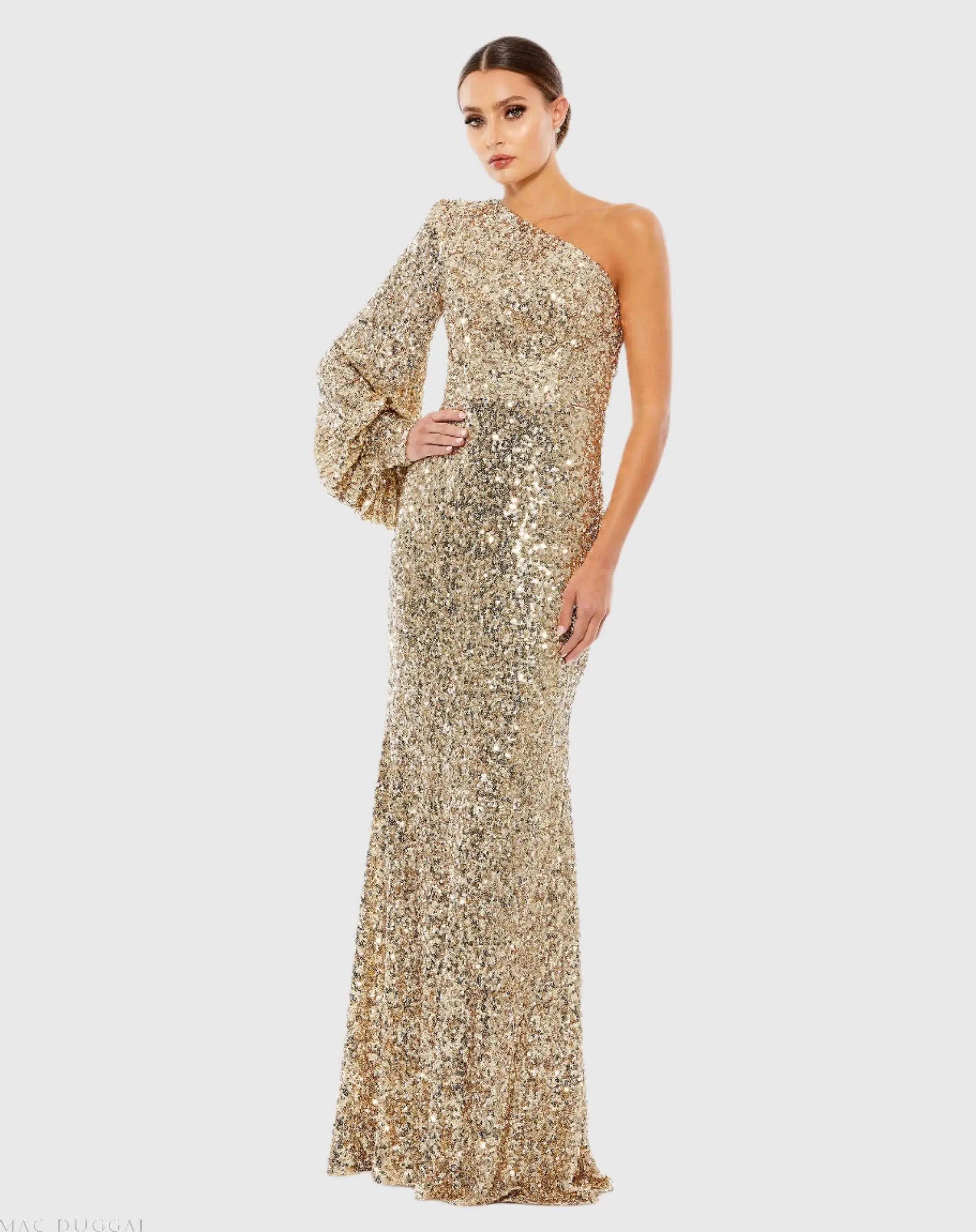 Gold Sequined One Shoulder Bishop Sleeve Trumpet Gown-Myartka
