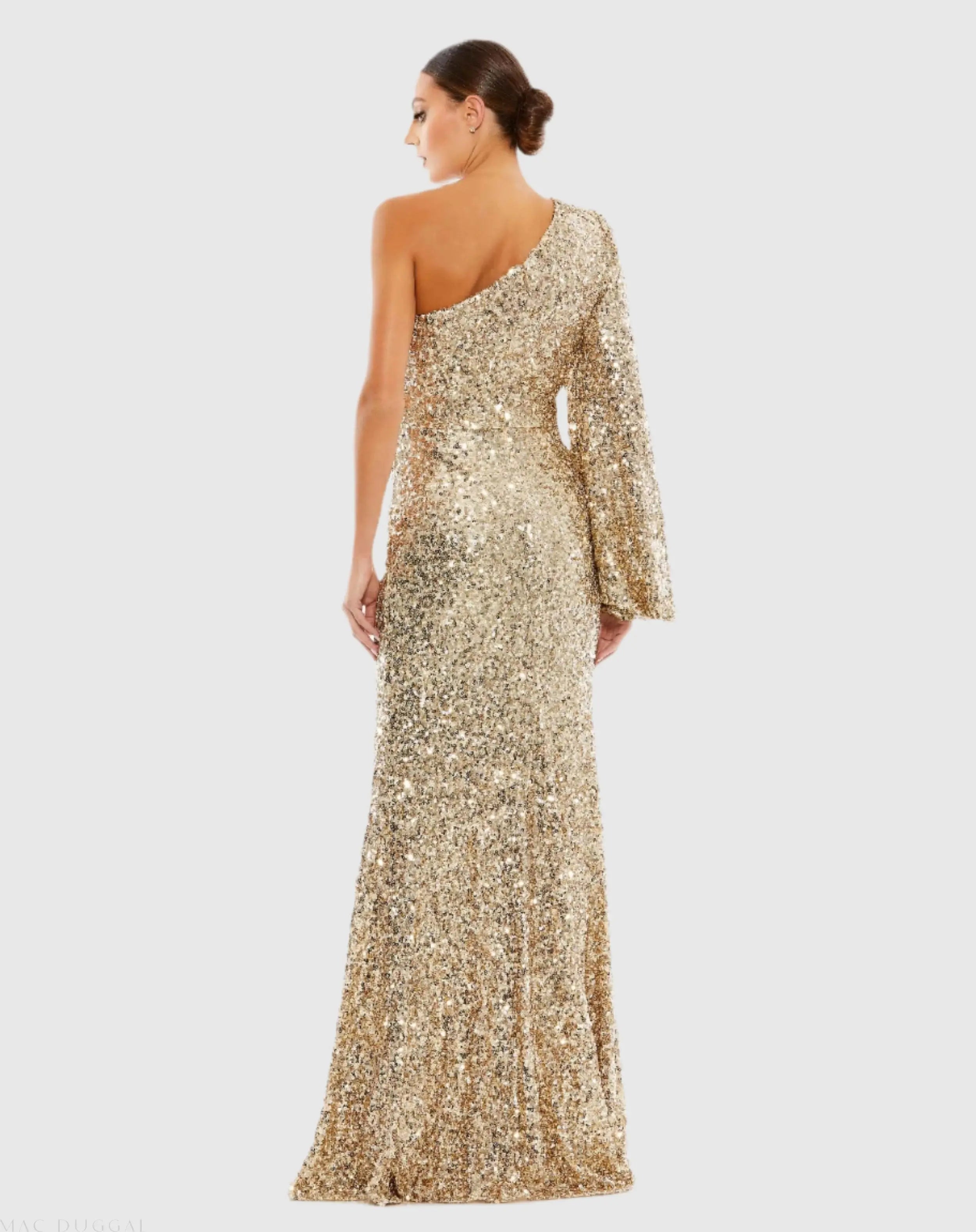 Gold Sequined One Shoulder Bishop Sleeve Trumpet Gown-Myartka