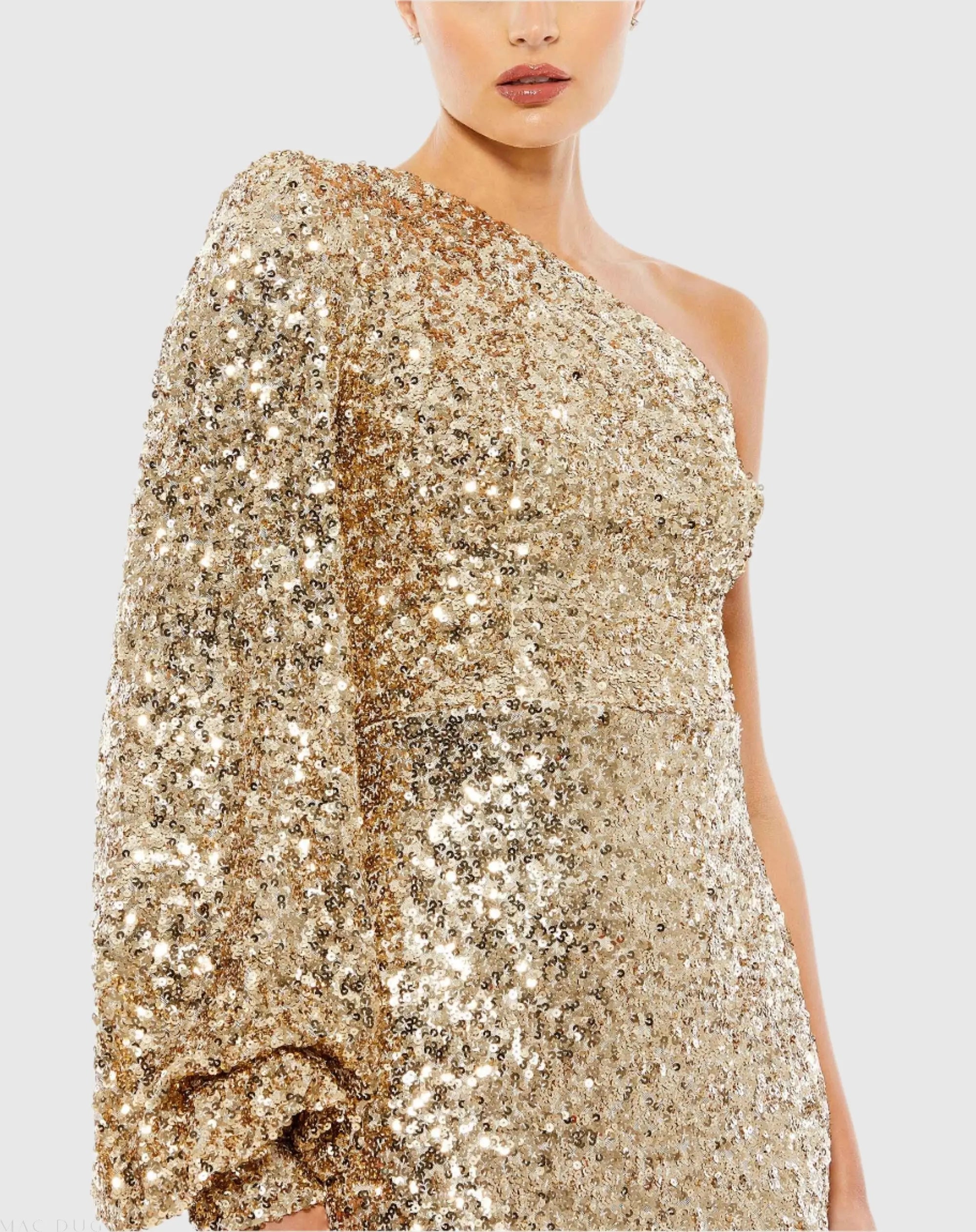 Gold Sequined One Shoulder Bishop Sleeve Trumpet Gown-Myartka