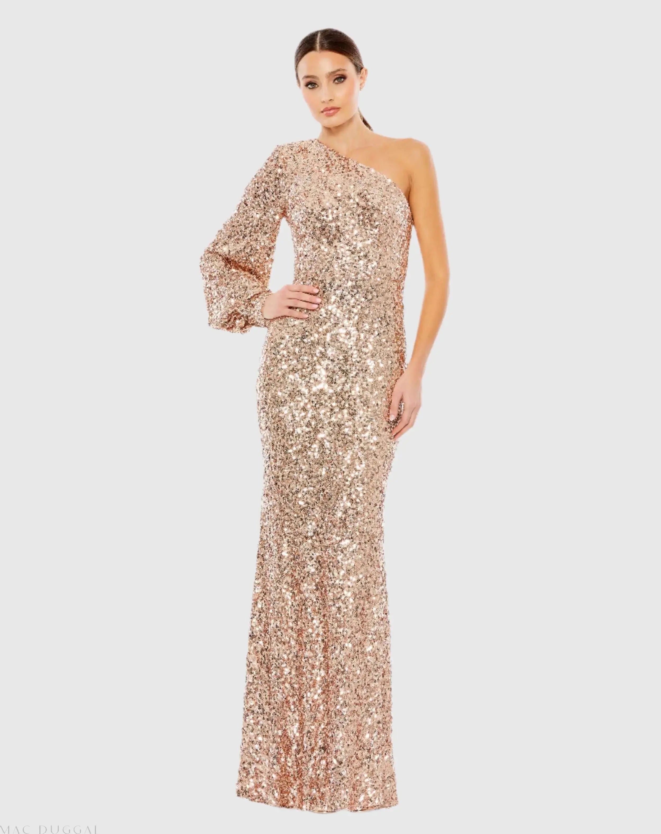 Sequined One Shoulder Bishop Sleeve Trumpet Gown-Myartka