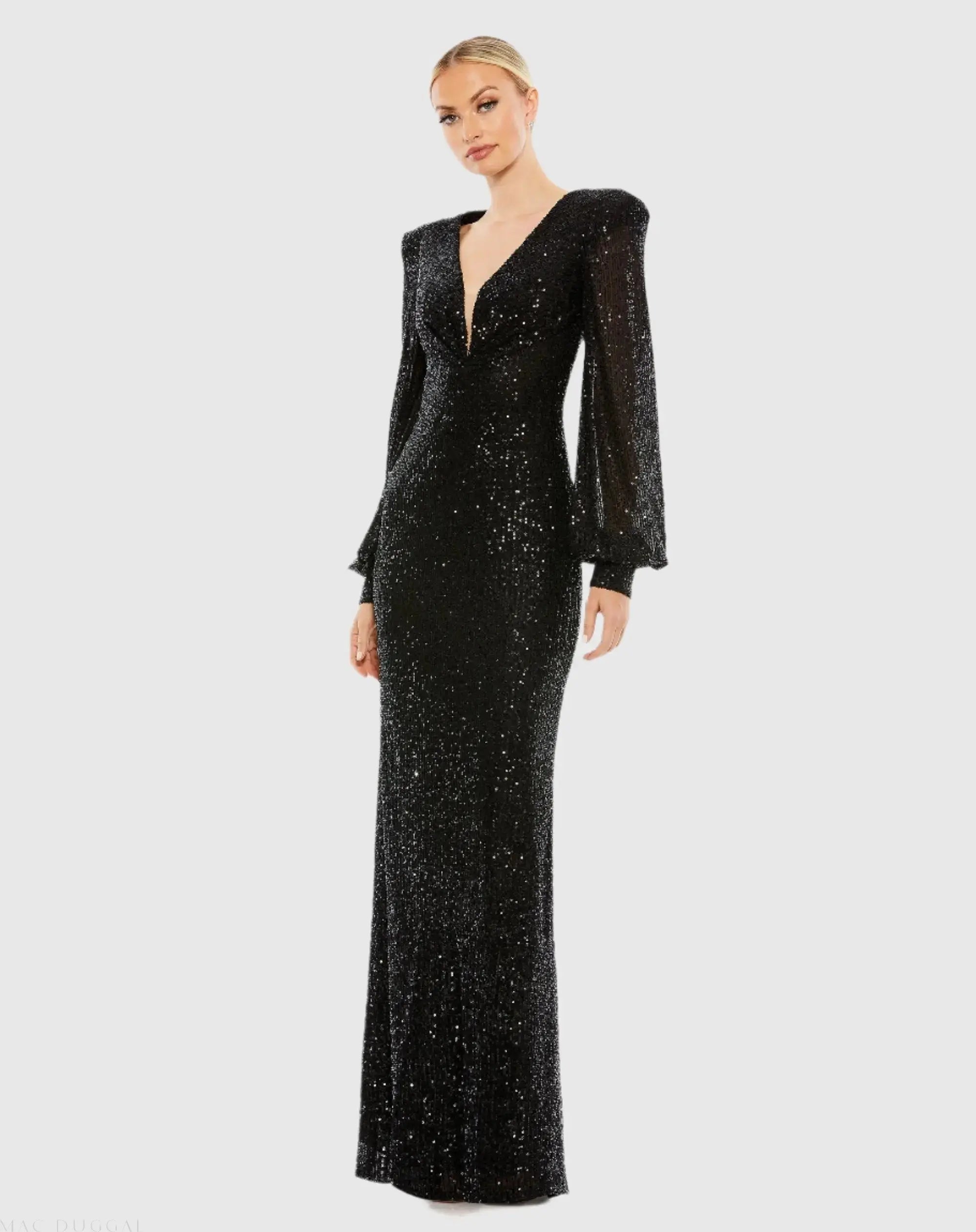 Black Sequined Plunge Neck Structured Bishop Sleeve Gown-Myartka