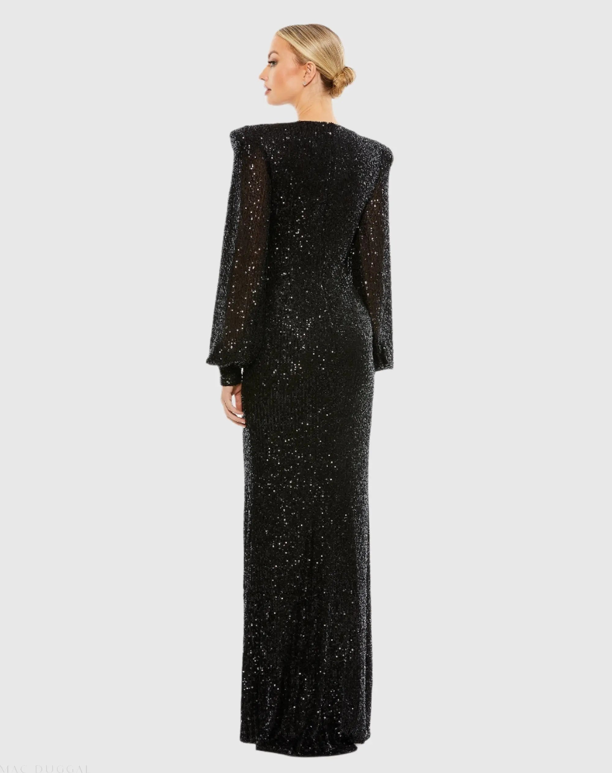 Black Sequined Plunge Neck Structured Bishop Sleeve Gown-Myartka
