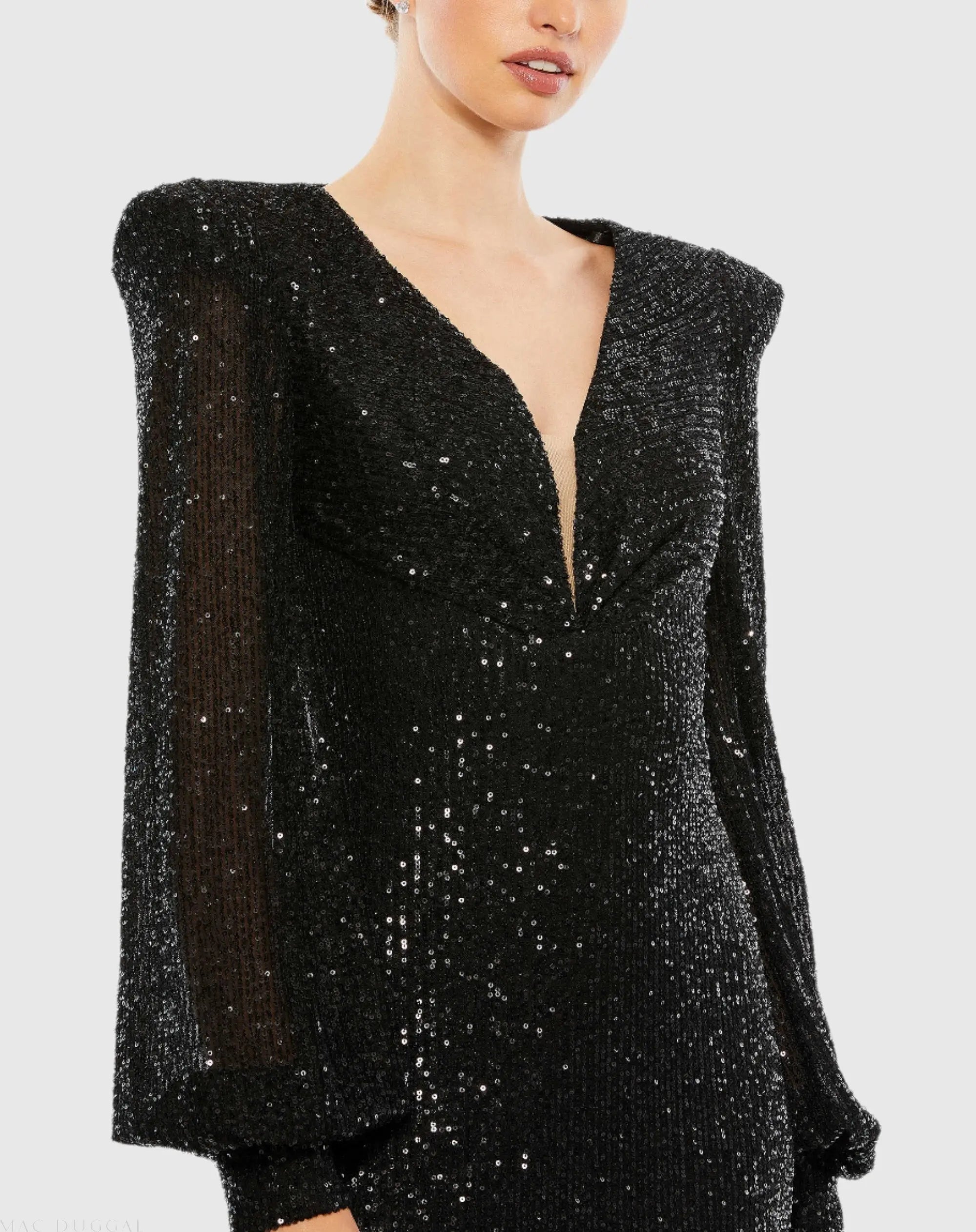 Black Sequined Plunge Neck Structured Bishop Sleeve Gown-Myartka