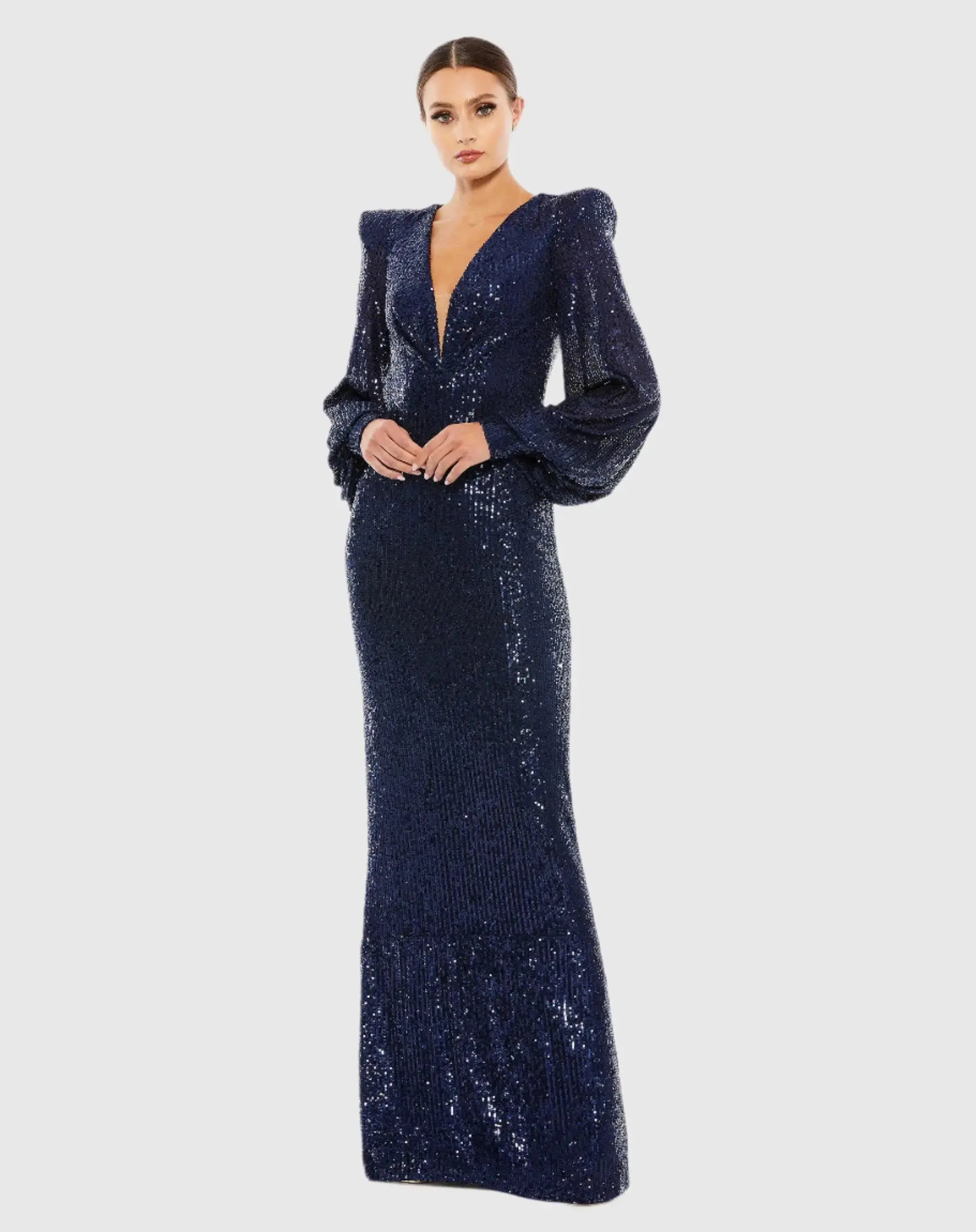 Sequined Plunge Neck Structured Bishop Sleeve Gown-Myartka