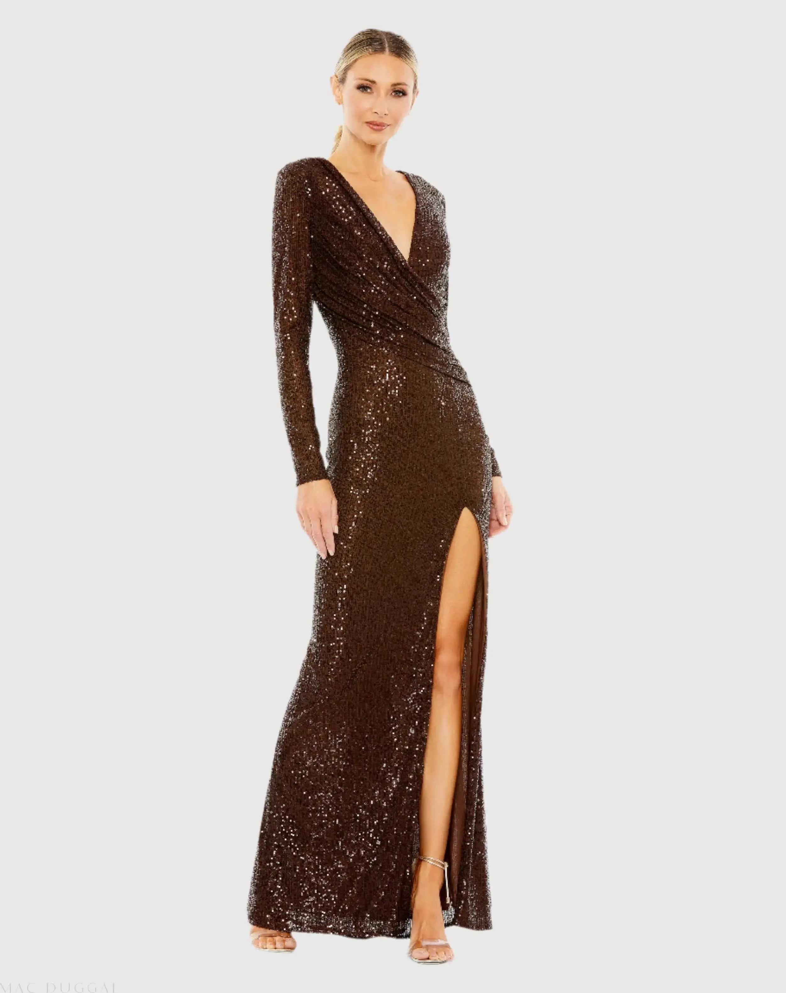 Sequined Long Sleeve Faux Wrap Ruched Gown-Myartka