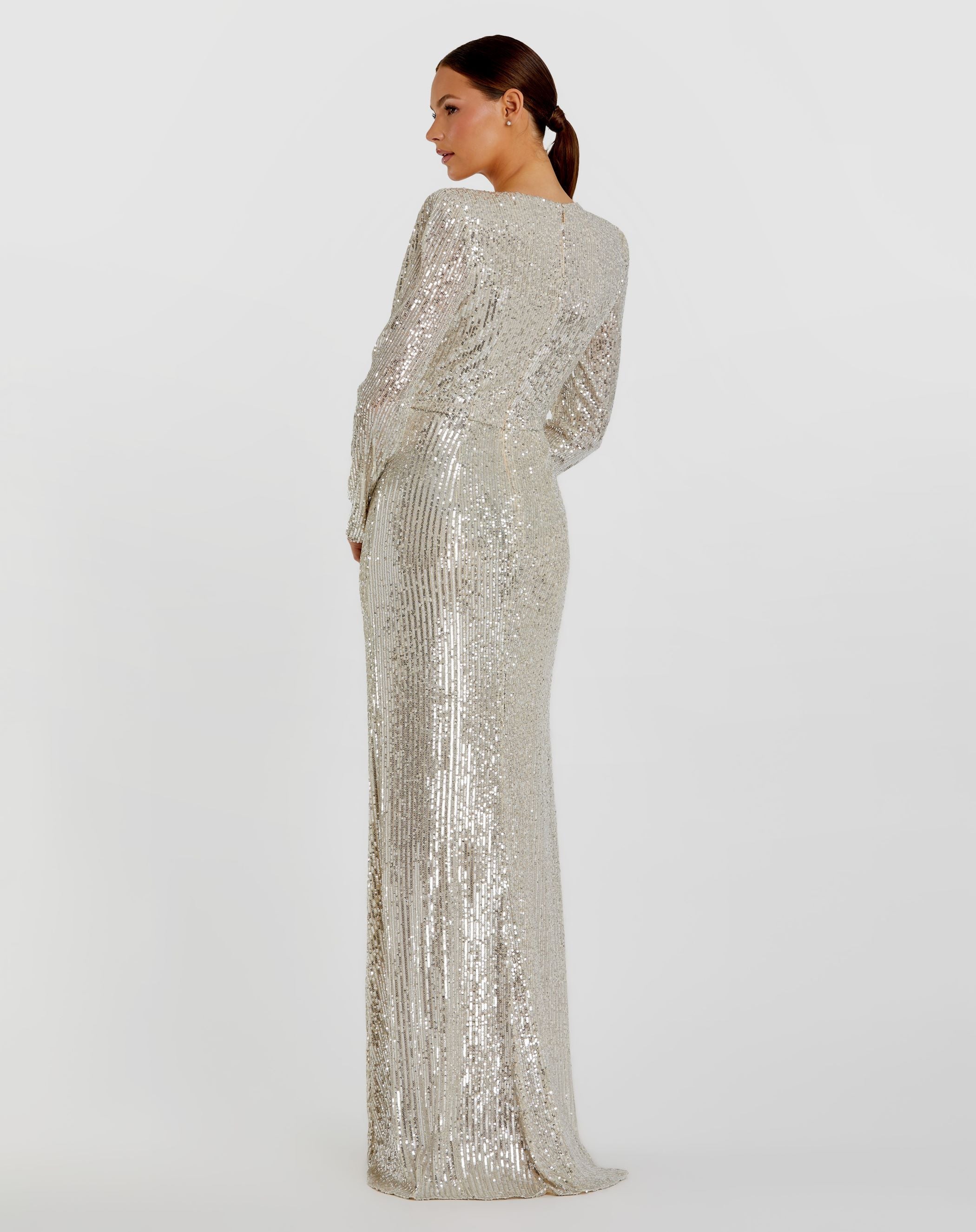 Silver Sequined Long Sleeve Faux Wrap Ruched Gown-Myartka