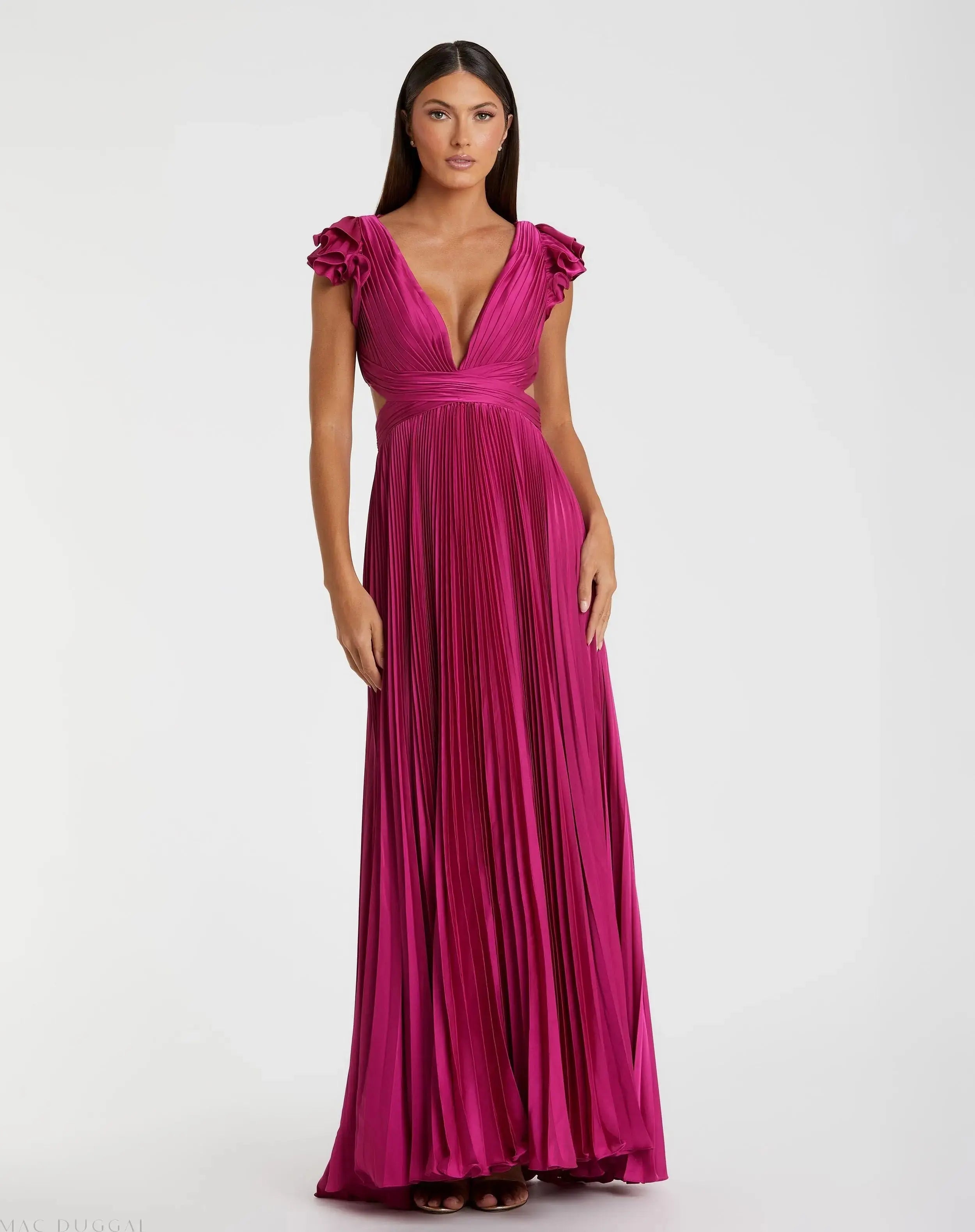 Pleated Ruffled Cap Sleeve Cut Out Lace Up Gown-Myartka
