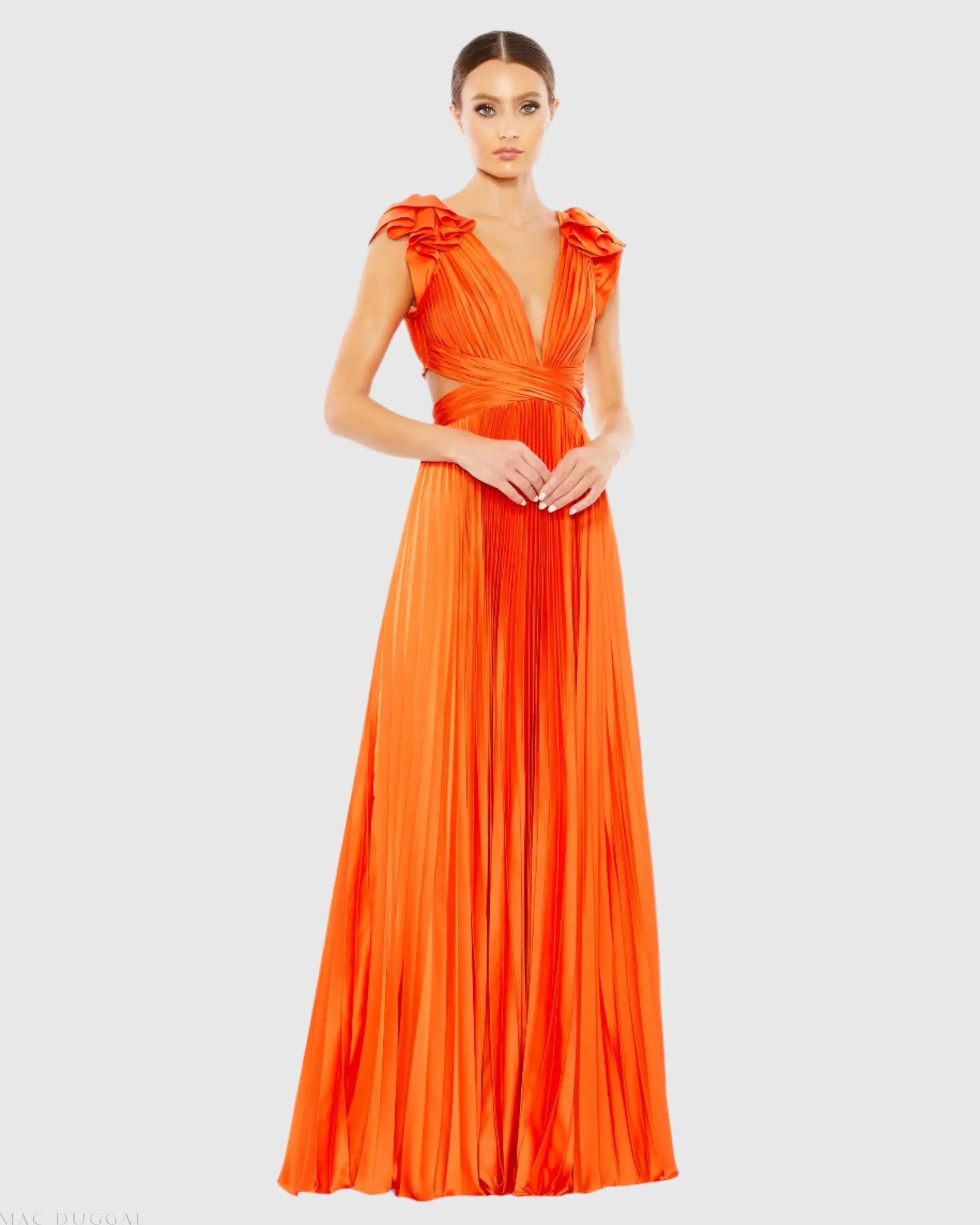 Pleated Ruffled Cap Sleeve Cut Out Lace Up Gown-Myartka