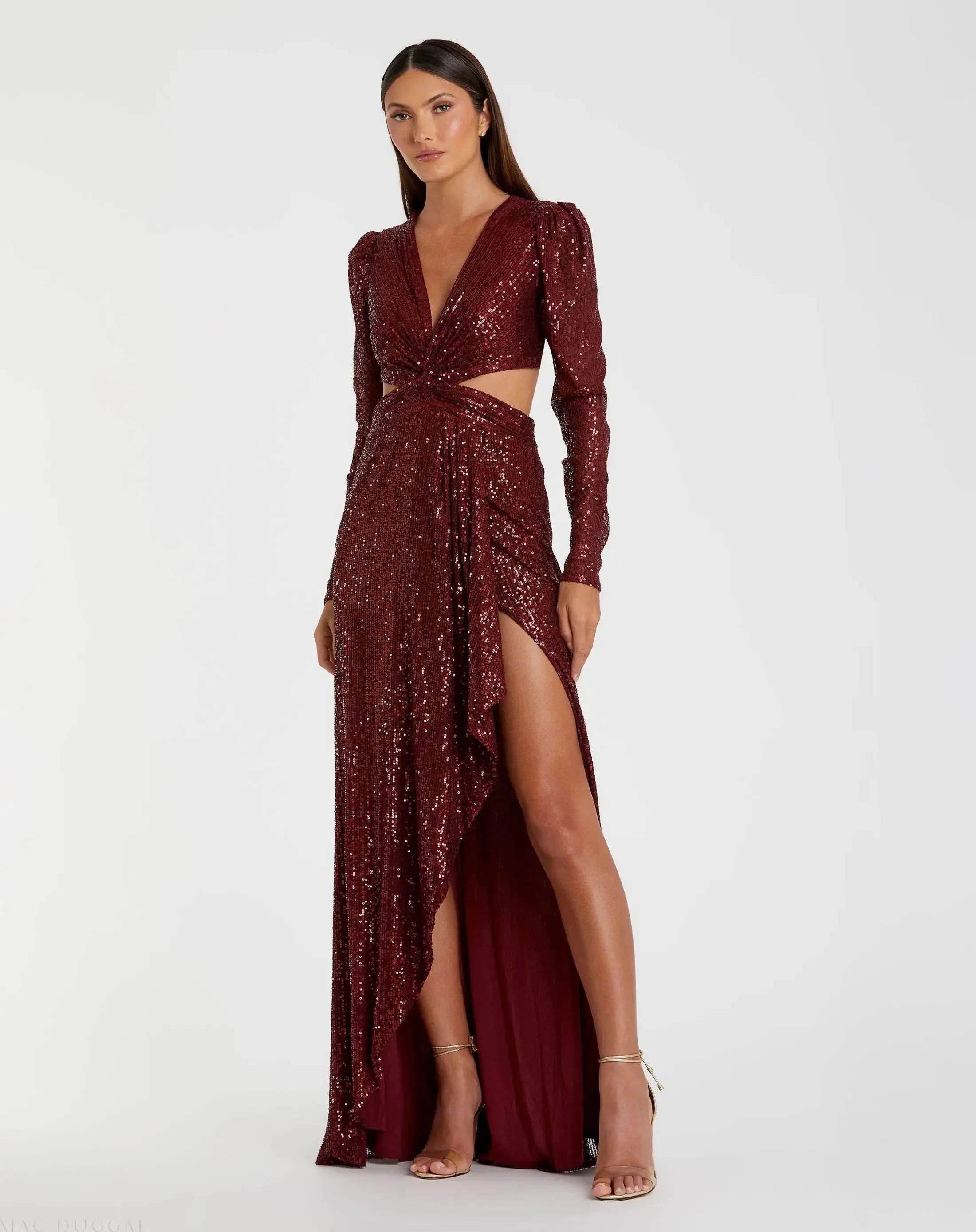 Sequined Criss Cross Long Sleeve Gown-Myartka