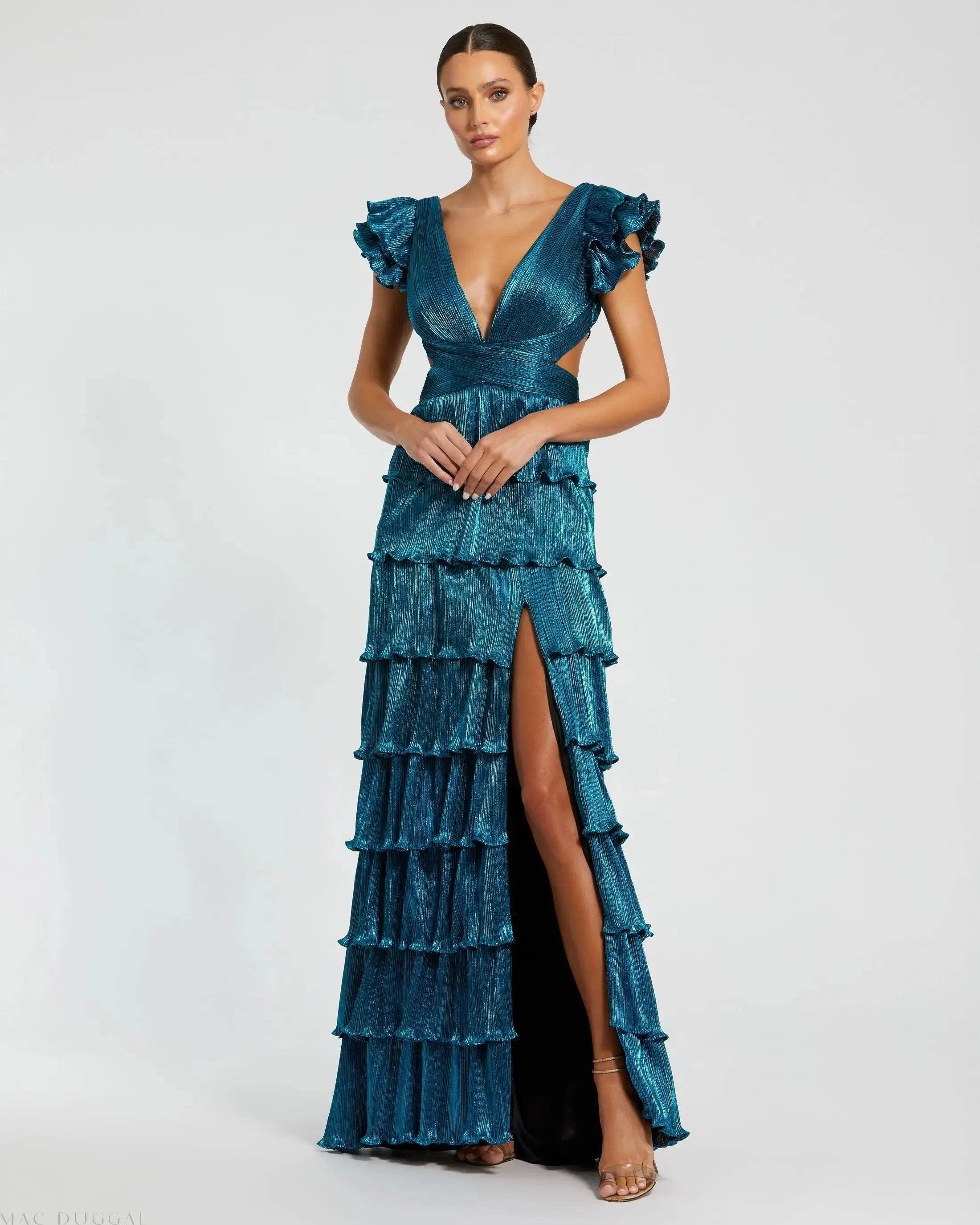 Blue Ruffle Tiered Criss Cross Lace Up Gown-Myartka