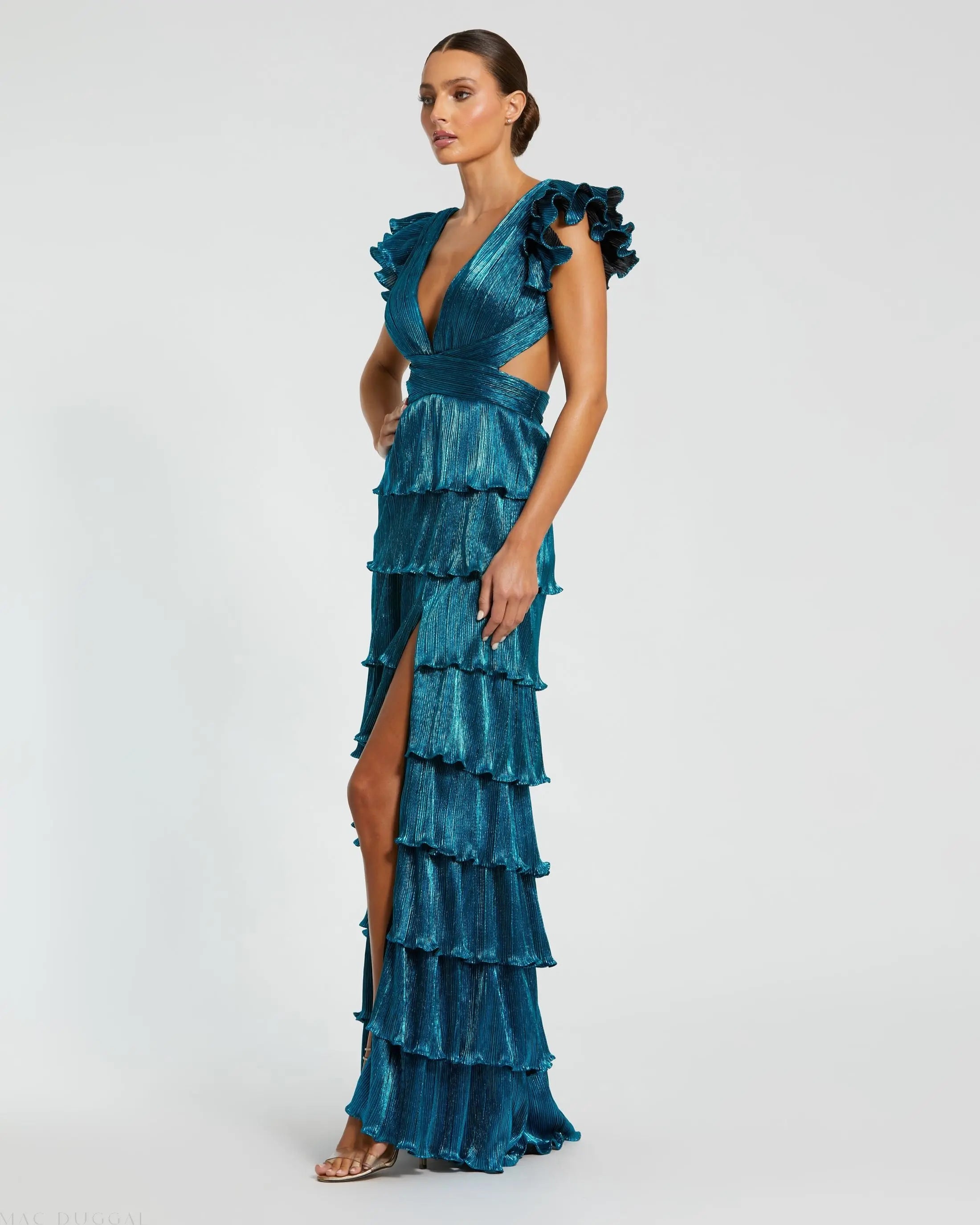 Blue Ruffle Tiered Criss Cross Lace Up Gown-Myartka