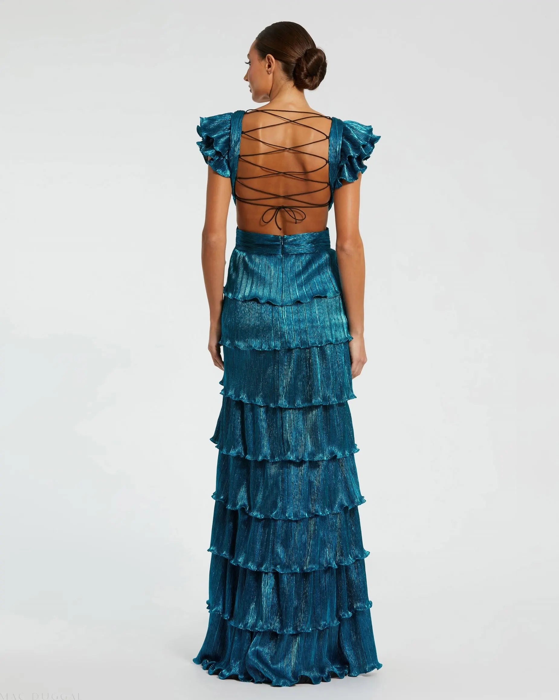 Blue Ruffle Tiered Criss Cross Lace Up Gown-Myartka